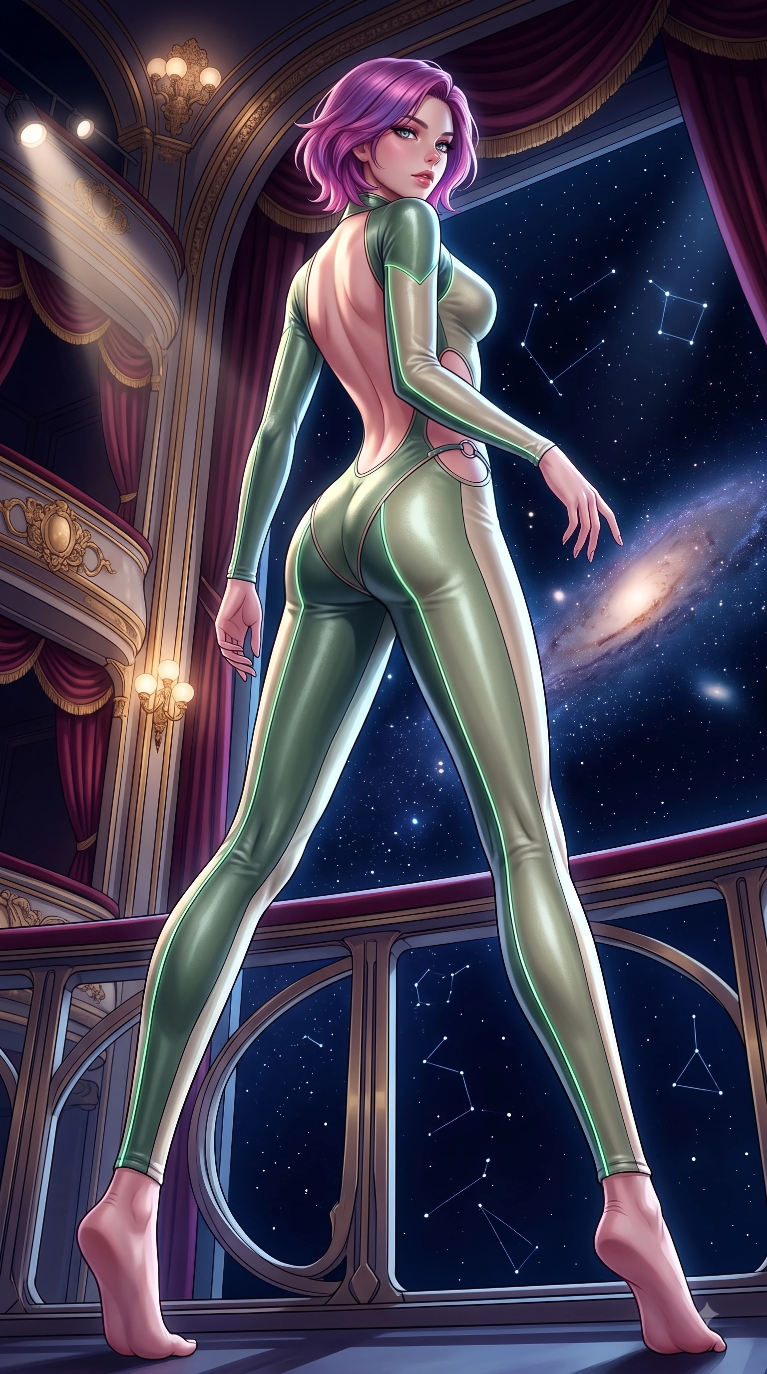 score_9, masterpiece, best quality, ultra-detailed, high-budget anime keyframe, editorial fashion photography, tasteful artistic composition, Caucasian woman. low angle full-body shot from head to toe showing her feet, filling the entire 9:16 vertical frame with her statuesque presence, stretching her vertical silhouette. pivoting dynamically in zero-gravity with fluid S-curve alignment, displaying her perfect model proportions while pivoting dynamically on an opera balcony as deep space starlight illuminates her bare back, dramatic theatrical lighting emphasizing every curve of her athletic build. She has an absolutely perfect, statuesque 8.5-heads proportion, an exceptionally tall and slender model-like female figure with impossibly long slender legs and an ultra-slim waist. sharp v-shaped jawline, high-bridge nose, intricate jewel-like eyes with depth, thick eyelashes, glossy lips with a natural sheen, flawlessly proportioned anatomical accuracy, natural body alignment, perfectly sculpted elegant limbs, clean dynamic posture without body distortion. wearing a skin-tight cybernetic bodysuit with glowing neon seams and side cutouts in sage green and oatmeal, made of premium stretch velvet with a rich sheen, accented with delicate chrome ring hardware framing her waist, the sleek second-skin texture accentuating her magnetic presence. surrounded by an opulent, dramatic opera box atmosphere with deep chiaroscuro. highly saturated vibrant anime colors, detailed shading with soft gradients, rich glossy textures, high-contrast stereoscopic depth, volumetric dynamic lighting, master piece, 9:16 ratio