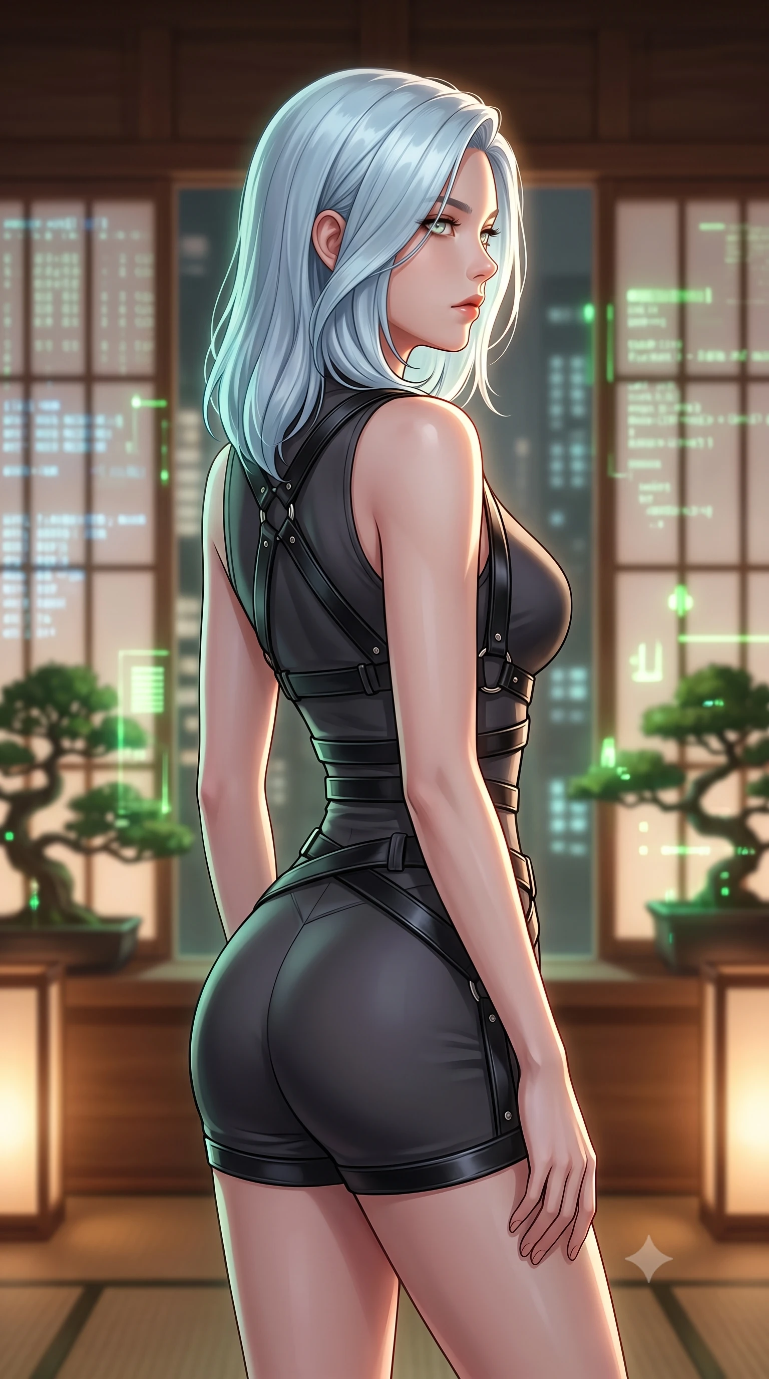 score_9, masterpiece, best quality, ultra-detailed, high-budget anime keyframe, editorial fashion photography, tasteful artistic composition, Korean woman woman. close-up cowboy shot from the waist and thighs up, the character dominates the composition, filling the frame with her large presence, background elements kept in soft focus. She has an exceptionally elegant, slender, and willowy female figure with an ultra-slim waist, a gracefully sculpted slender torso, and a refined silhouette. turning her head in a sharp dramatic profile against the key light, her eyes glowing with calm focus, flawlessly proportioned anatomical accuracy, natural body alignment, perfectly sculpted elegant limbs, clean dynamic posture without body distortion. set against a soft-focus background of a cyber-zen tea room with digital shoji screens and bonsai. wearing a black structured leather harness over a fitted second-skin micro-shorts set. bathed in soft warm wooden ambient glow with gentle green digital plant highlights. highly saturated vibrant anime colors, detailed shading with soft gradients, rich glossy textures, high-contrast stereoscopic depth, volumetric dynamic lighting, master piece, 9:16 ratio