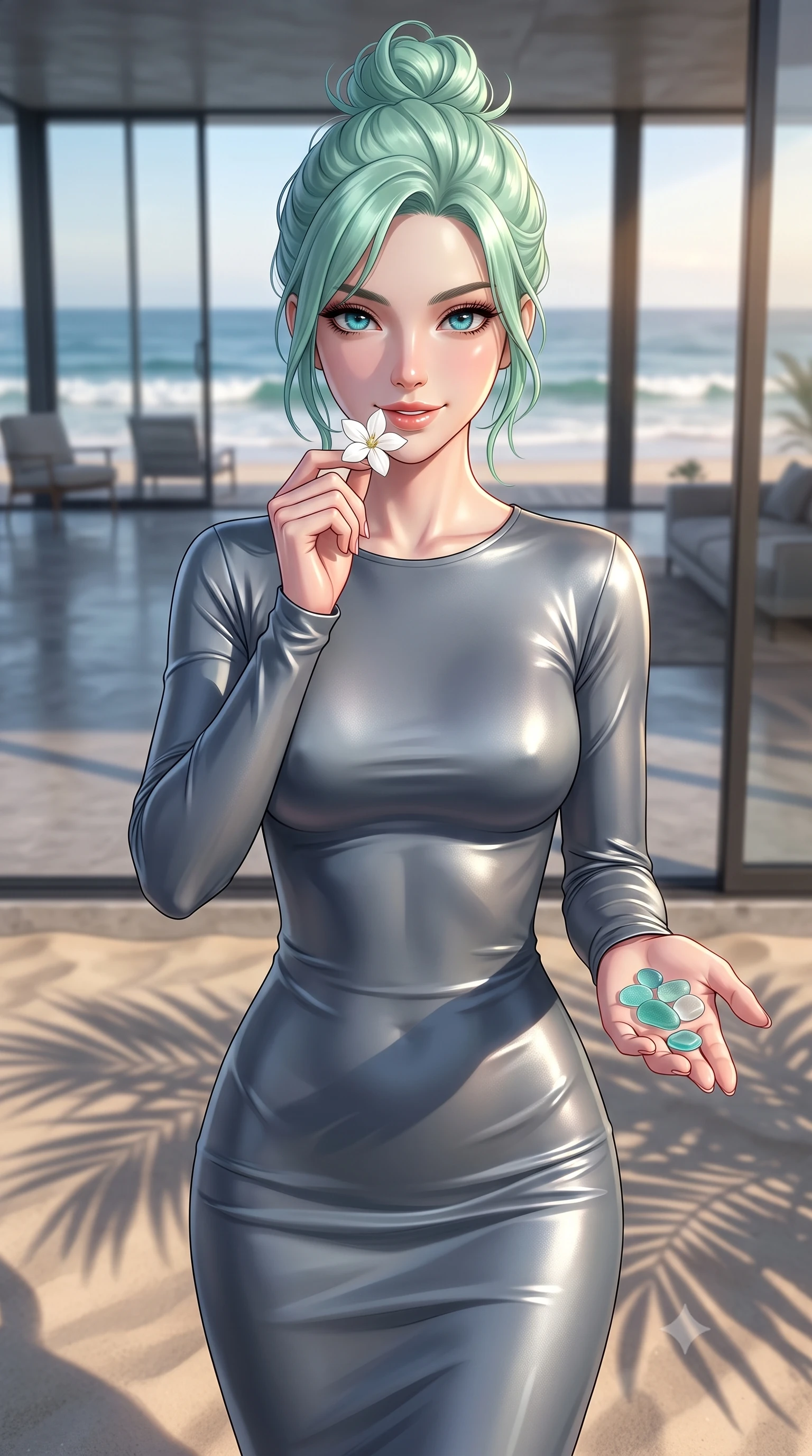 score_9, masterpiece, best quality, ultra-detailed, high-budget anime keyframe, editorial fashion photography, tasteful artistic composition, Japanese woman. close-up cowboy shot from the waist and thighs up, the character dominates the composition, filling the frame with her large presence, background elements kept in soft focus. holding a delicate flower near her lips, smiling with magnetic self-assurance and glowing eyes set against a soft-focus background of inside a modern glass beach house looking out at the ocean waves with a small collection of pretty sea glass pebbles held in her palm. She has an exceptionally elegant, slender, and willowy female figure with an ultra-slim waist, a gracefully sculpted slender torso, and a refined silhouette. sharp v-shaped jawline, high-bridge nose, intricate jewel-like eyes with depth, thick eyelashes, glossy lips with a natural sheen. wearing slim-fit body-hugging long-sleeve silk dress in slate grey, following her form elegantly. soft late afternoon sunbeams casting long shadows of palm leaves on the sand. ultra-reflective glossy finish, specular highlights, metallic sheen, high-contrast stereoscopic depth, volumetric dynamic lighting, 2k, ultra detail, master piece, 9:16 ratio