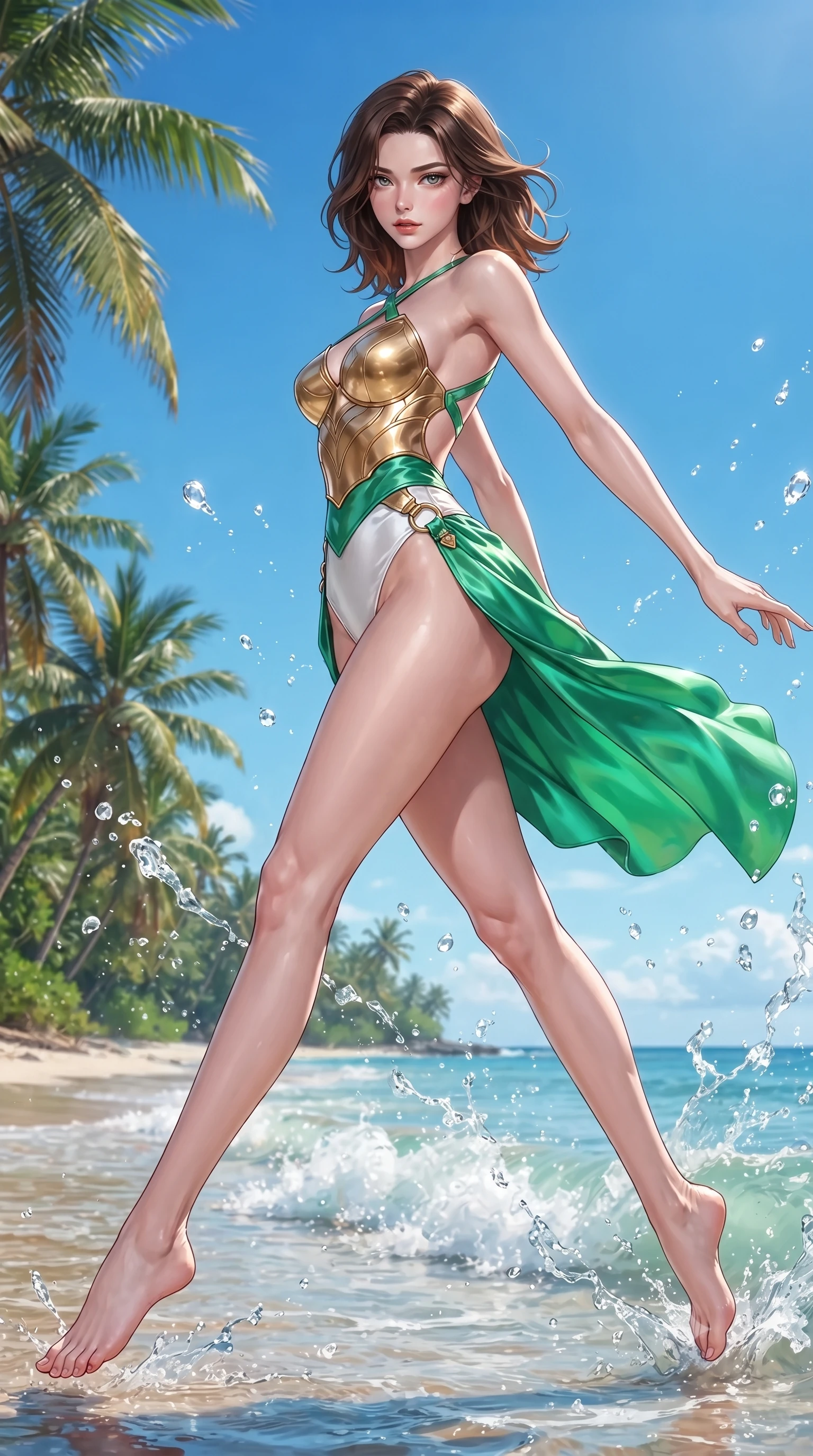 score_9, masterpiece, best quality, ultra-detailed, high-budget anime keyframe, editorial fashion photography, tasteful artistic composition, Korean woman. low angle full-body shot from head to toe showing her feet, filling the entire 9:16 vertical frame with her statuesque presence, stretching her vertical silhouette. performing an alluring mid-air vault with flawless poise, looking directly into the camera with smoldering intensity while pivoting in mid-stride along the water edge as bright tropical sea spray sparkles in mid-air. The surrounding environment is rendered in vivid detail and crisp panoramic clarity. sharp splashing sea foam crests, tropical palm fronds, and clear azure sky in panoramic clarity. She has an absolutely perfect, statuesque 8.5-heads proportion, an exceptionally tall and slender model-like female figure with impossibly long slender legs, a toned flat midriff, and an ultra-slim waist. sharp v-shaped jawline, high-bridge nose, intricate jewel-like eyes with depth, thick eyelashes, glossy lips with a natural sheen, flawlessly proportioned anatomical accuracy, strict slender model proportions, natural body alignment, perfectly sculpted long slender limbs, ultra-slim waistline, clean dynamic posture without body distortion. wearing a sculpted golden breastplate bodice paired with high-cut white satin briefs and a fluid draped side skirt in bright emerald green satin and gold hardware, formed from high-gloss patent material with specular light reflections, complemented by criss-cross back straps highlighting her completely bare spine, the glove-like aerodynamic second-skin fit tightly clinging to her ultra-slender waist and athletic curves without adding bulk, accentuating her razor-sharp statuesque lines and slim hourglass silhouette. illuminated by pure sky radiance with crisp golden rim lights accentuating her silhouette. ultra-reflective glossy finish, specular highlights, metallic sheen, high-contrast stereoscopic depth, volumetric dynamic lighting, 2k, ultra detail, master piece, 9:16 ratio