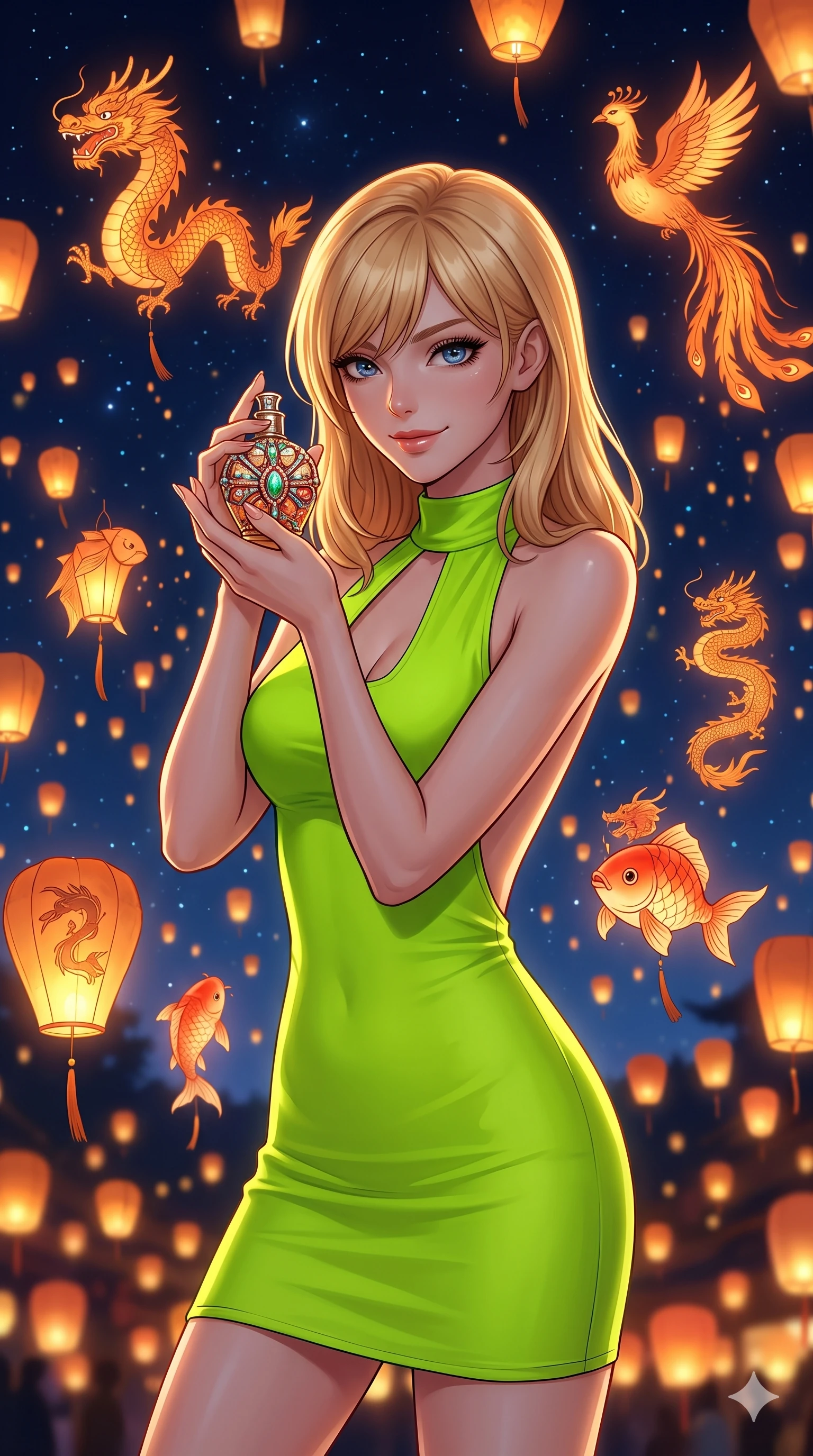 score_9, masterpiece, best quality, ultra-detailed, high-budget anime keyframe, editorial fashion photography, tasteful artistic composition, Caucasian woman, strictly human ears. close-up cowboy shot from the waist and thighs up, the character dominates the composition, filling the frame with her large presence, background elements kept in soft focus. Holding a delicate object up near her face while gazing at the viewer with a knowing smile. set against a soft-focus background of a moonlit festival where thousands of illuminated paper lanterns shaped like mythical creatures dragons phoenixes and koi fish float upward into a star-filled sky trailing warm light. She has an exceptionally elegant and slender, willowy female figure with an ultra-slim waist, a gracefully sculpted slender torso, and a refined slim physique. sharp v-shaped jawline, high-bridge nose, intricate jewel-like eyes with depth, thick eyelashes, glossy lips with a natural sheen. wearing a precision-fitted mini dress in electric lime, featuring a forward-facing architectural neck cutout and a wide-open back. warm orange and amber glow from thousands of paper lanterns against the cool deep blue of the night sky creating a magical warm-cool contrast. 2k, ultra detail, master piece, 9:16 ratio