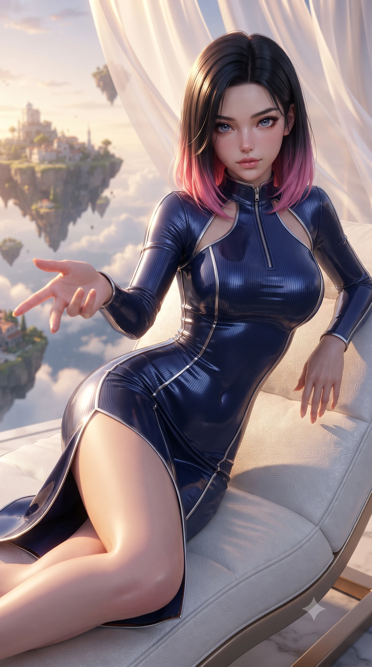 score_9, masterpiece, best quality, ultra-detailed, high-budget anime keyframe, editorial fashion photography, tasteful artistic composition, Korean woman. close-up cowboy shot from the waist and thighs up, the character dominates the composition, filling the frame with her large presence, background elements kept in soft focus. Reaching one hand gracefully toward the viewer with effortless superiority and allure resting on a luxurious white lounge chair overlooking a floating sky island, translucent silk curtains drifting lazily in a warm sky breeze. She has an exceptionally elegant, slender, and willowy female figure with an ultra-slim waist, a gracefully sculpted slender torso, and a refined silhouette. sharp v-shaped jawline, high-bridge nose, intricate jewel-like eyes with depth, thick eyelashes, glossy lips with a natural sheen. wearing a form-fitting ribbed activewear set with collar cutouts in midnight navy blue and chrome trim, tailored from high-gloss patent leather, finished with a sleek side slit ascending to mid-thigh, the tailored fabric tightly following every curve of her athletic build. illuminated by soft glowing sunset radiance with dramatic golden rim highlights. ultra-reflective glossy finish, specular highlights, metallic sheen, high-contrast stereoscopic depth, volumetric dynamic lighting, 2k, ultra detail, master piece, 9:16 ratio