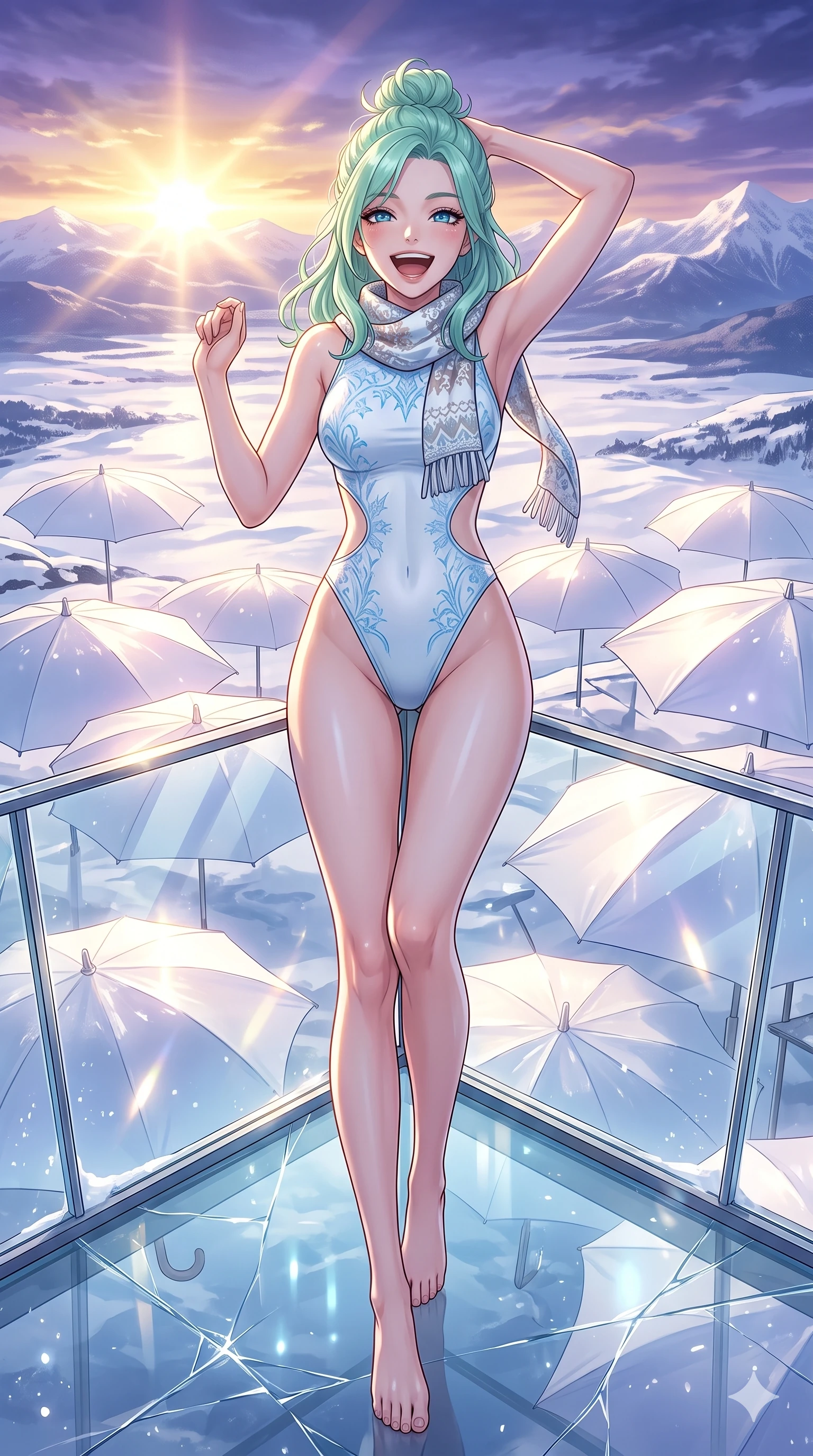 score_9, masterpiece, best quality, ultra-detailed, high-budget anime keyframe, vibrant anime aesthetic, Japanese woman. cowboy shot from the thighs up, character and outfit filling the frame for maximum presence. She is leaning back with a cheerful winter laugh, looking directly into the camera lens standing on a glass observation deck at snowy dawn (Code-P21-099). She has an absolutely perfect 8-heads proportion, an exceptionally tall and slender female figure with impossibly long slender legs and an ultra-slim waist. V-shaped jawline, high-bridge nose, intricate jewel-like eyes with depth, thick eyelashes, glossy lips with a natural sheen. wearing a sleek swimsuit with high-cut leg lines and exposed waist in winter. She is surrounded by bright sunbeams reflecting off white umbrellas, creating a luminous winter glow. 2k, ultra detail, master piece, 9:16 ratio
