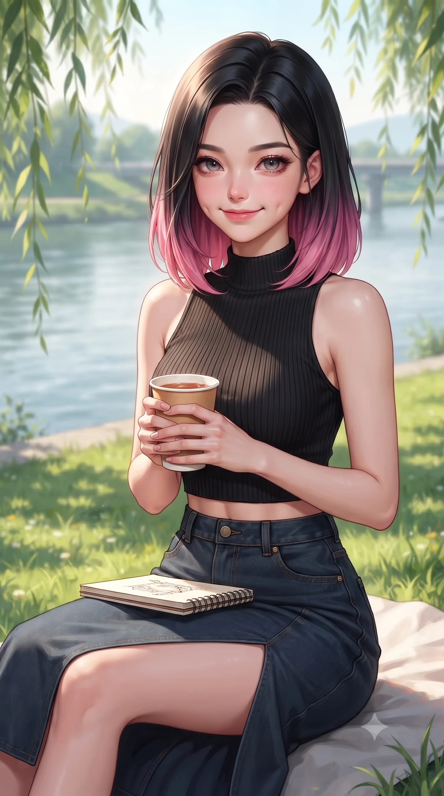score_9, masterpiece, best quality, ultra-detailed, high-budget anime keyframe, editorial fashion photography, tasteful artistic composition, Korean woman. close-up cowboy shot from the waist and thighs up, the character dominates the composition, filling the frame with her large presence, background elements kept in soft focus. smiling with soft, cute dimples, holding a warm cup of tea with both hands set against a soft-focus background of on a grassy riverside park lawn next to a wide, calm river with a paper cup of warm tea and a small sketchbook on her lap. She has an exceptionally elegant, slender, and willowy female figure with an ultra-slim waist, a gracefully sculpted slender torso, and a refined silhouette. sharp v-shaped jawline, high-bridge nose, intricate jewel-like eyes with depth, thick eyelashes, glossy lips with a natural sheen. wearing form-contouring stylish crop top paired with a high-slit denim midi skirt. dappled sunlight filtering through the weeping willow leaves onto her face. highly saturated vibrant anime colors, detailed shading with soft gradients, rich glossy textures, high-contrast stereoscopic depth, volumetric dynamic lighting, master piece, 9:16 ratio