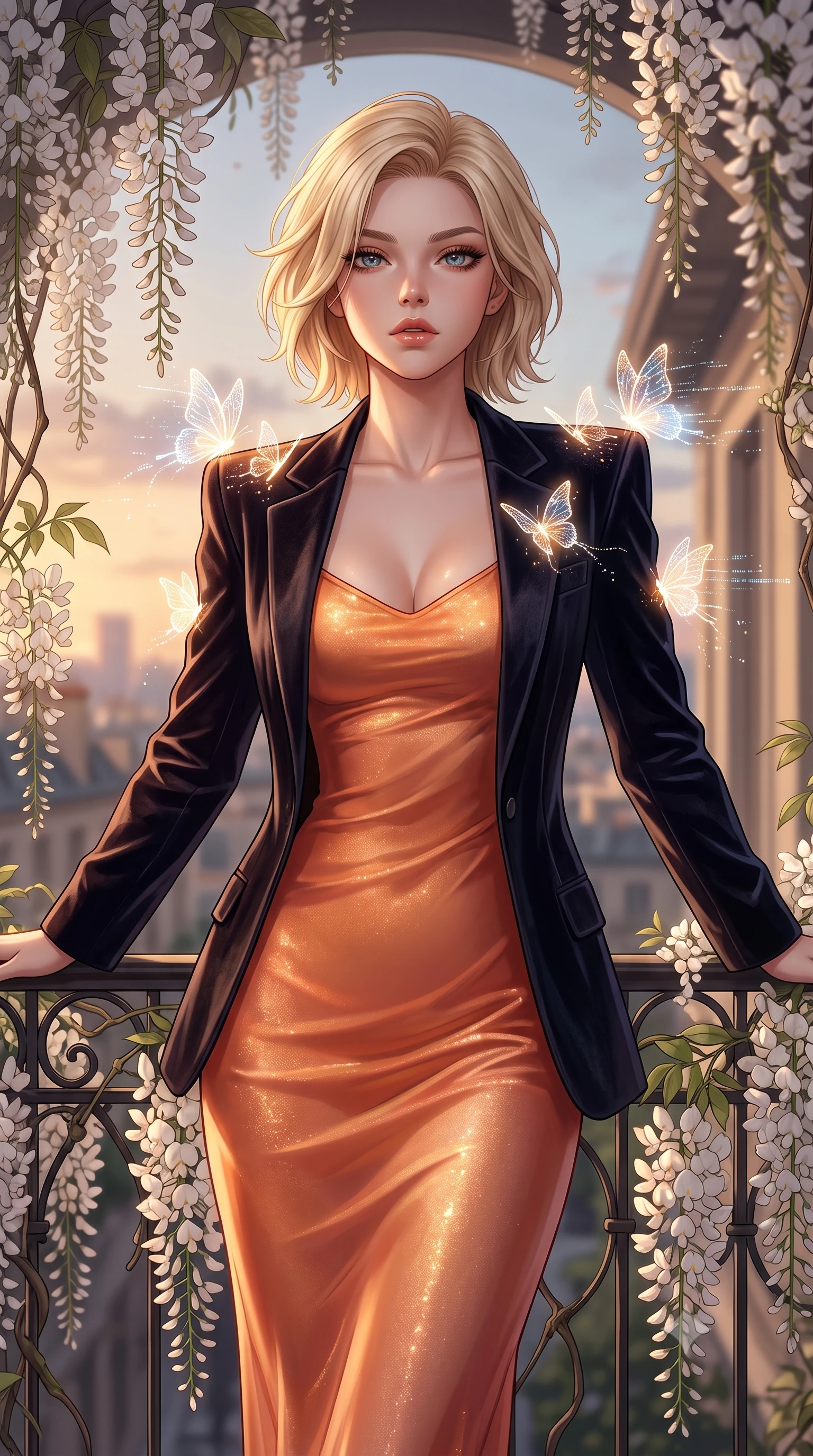 score_9, masterpiece, best quality, ultra-detailed, High-budget Anime Keyframe, Caucasian woman, strictly human ears. Low angle cowboy shot filling the entire 9:16 frame with her statuesque presence. Scenario 547: watching digital butterflies land on her shoulders in a quiet balcony surrounded by trailing white wisteria flowers. Her presence is magnetic and overpowering in this high-budget anime scene. Outfit 547: a form-contouring sunset orange shimmering chiffon slip dress layered under a structured velvet blazer. The clothing is designed to emphasize her exceptionally tall and slender 8-heads proportion. 8-heads proportion, towering silhouette, ultra-slim waist. sharp v-shaped jawline, intricate jewel-like eyes with depth, thick eyelashes, glossy lips. 2k, ultra detail, master piece, 9:16 ratio