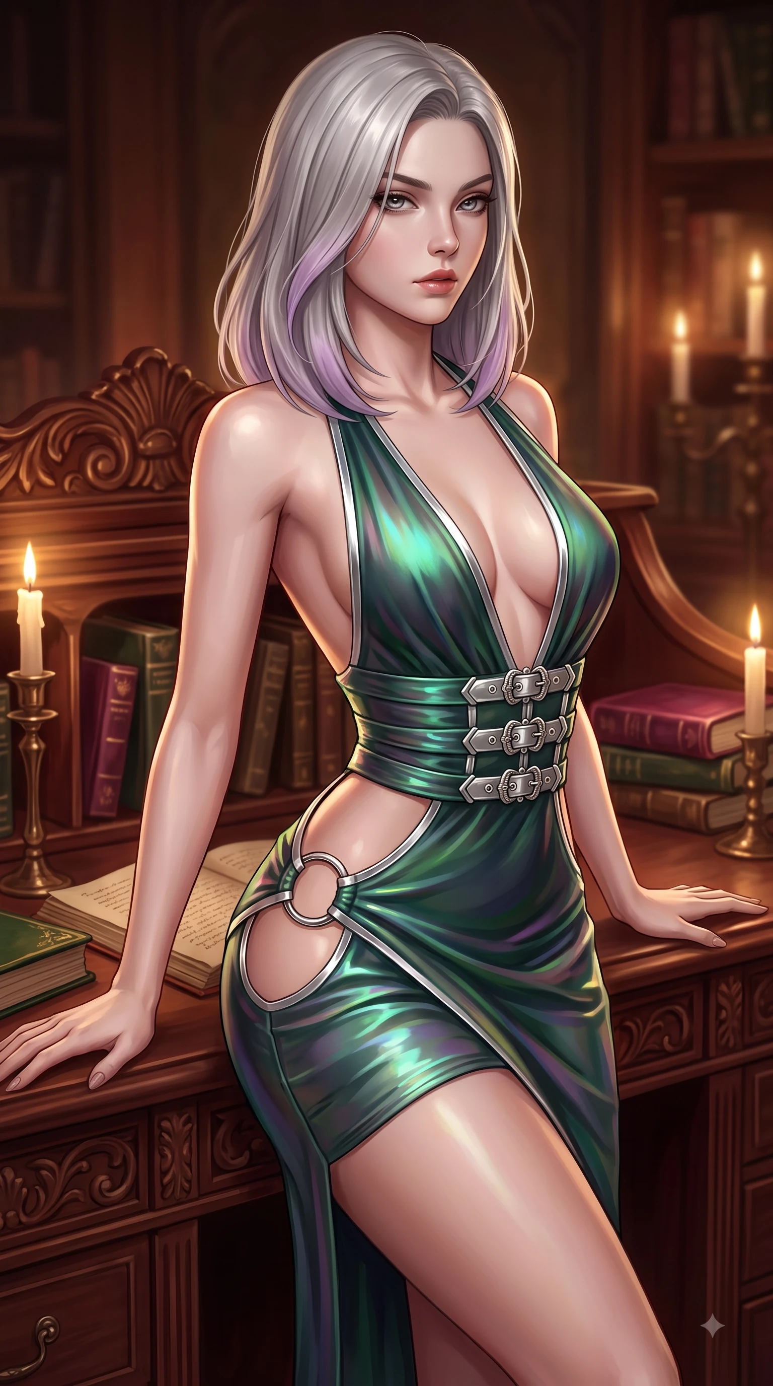score_9, masterpiece, best quality, ultra-detailed, high-budget anime keyframe, editorial fashion photography, tasteful artistic composition, Caucasian woman. close-up cowboy shot from the waist and thighs up, the character dominates the composition, filling the frame with her large presence, background elements kept in soft focus. Gazing past the lens with smoldering intensity as her torso curves dynamically in mid-stride while leaning back against a carved mahogany reading desk in an antique library lit by warm candlelight, rich velvet and polished wood textures reflecting brilliant warm highlights. She has an exceptionally elegant, slender, and willowy female figure with an ultra-slim waist, a gracefully sculpted slender torso, and a refined silhouette. sharp v-shaped jawline, high-bridge nose, intricate jewel-like eyes with depth, thick eyelashes, glossy lips with a natural sheen, flawlessly proportioned anatomical accuracy, natural body alignment, perfectly sculpted elegant limbs, clean dynamic posture without body distortion. wearing a deep-scoop halter bodycon dress with hip cutouts connected by silver rings in deep emerald green and silver accent, crafted from iridescent chiffon that shifts colors in the light, detailed with polished silver buckles along the waistline, the form-contouring material highlighting her ultra-slim waist and long lines. surrounded by an opulent, intimate library aura with deep warm gradients. ultra-reflective glossy finish, specular highlights, metallic sheen, high-contrast stereoscopic depth, volumetric dynamic lighting, 2k, ultra detail, master piece, 9:16 ratio