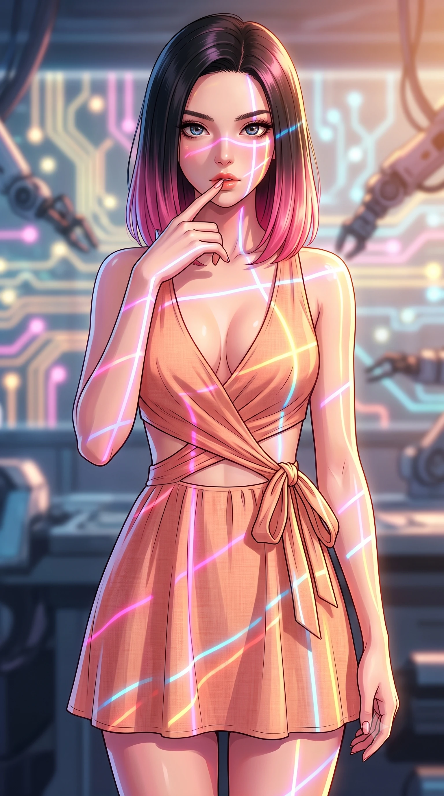 score_9, masterpiece, best quality, ultra-detailed, high-budget anime keyframe, tasteful artistic composition, Korean woman. close-up cowboy shot from the waist and thighs up, the character dominates the composition, filling the frame with her large presence, background elements kept in soft focus. pressing one finger to her bottom lip in a thoughtful, seductive gesture under the warm sun the background shows a soft-focus an automated tuning bay with glowing circuit patterns and mechanical arms. She has an exceptionally elegant, slender, and willowy female figure with an ultra-slim waist, a gracefully sculpted slender torso, and a refined silhouette. sharp v-shaped jawline, high-bridge nose, intricate jewel-like eyes with depth, thick eyelashes, glossy lips with a natural sheen. wearing a tailored summer sundress with double waist cutouts and a plunging neckline in peach linen. intense neon laser lines casting dynamic grid-like shadows across her form. highly saturated vibrant anime colors, cel-shading, 2d style, master piece, 9:16 ratio