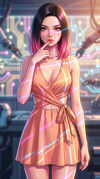 score_9, masterpiece, best quality, ultra-detailed, high-budget anime keyframe, tasteful artistic composition, Korean woman. close-up cowboy shot from the waist and thighs up, the character dominates the composition, filling the frame with her large 