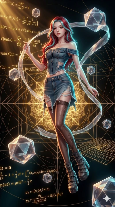 score_9, masterpiece, best quality, ultra-detailed, high-budget anime keyframe, Japanese woman. low angle full-body shot filling the entire 9:16 frame with her statuesque presence, stretching the vertical silhouette. floating gracefully in a mathemat