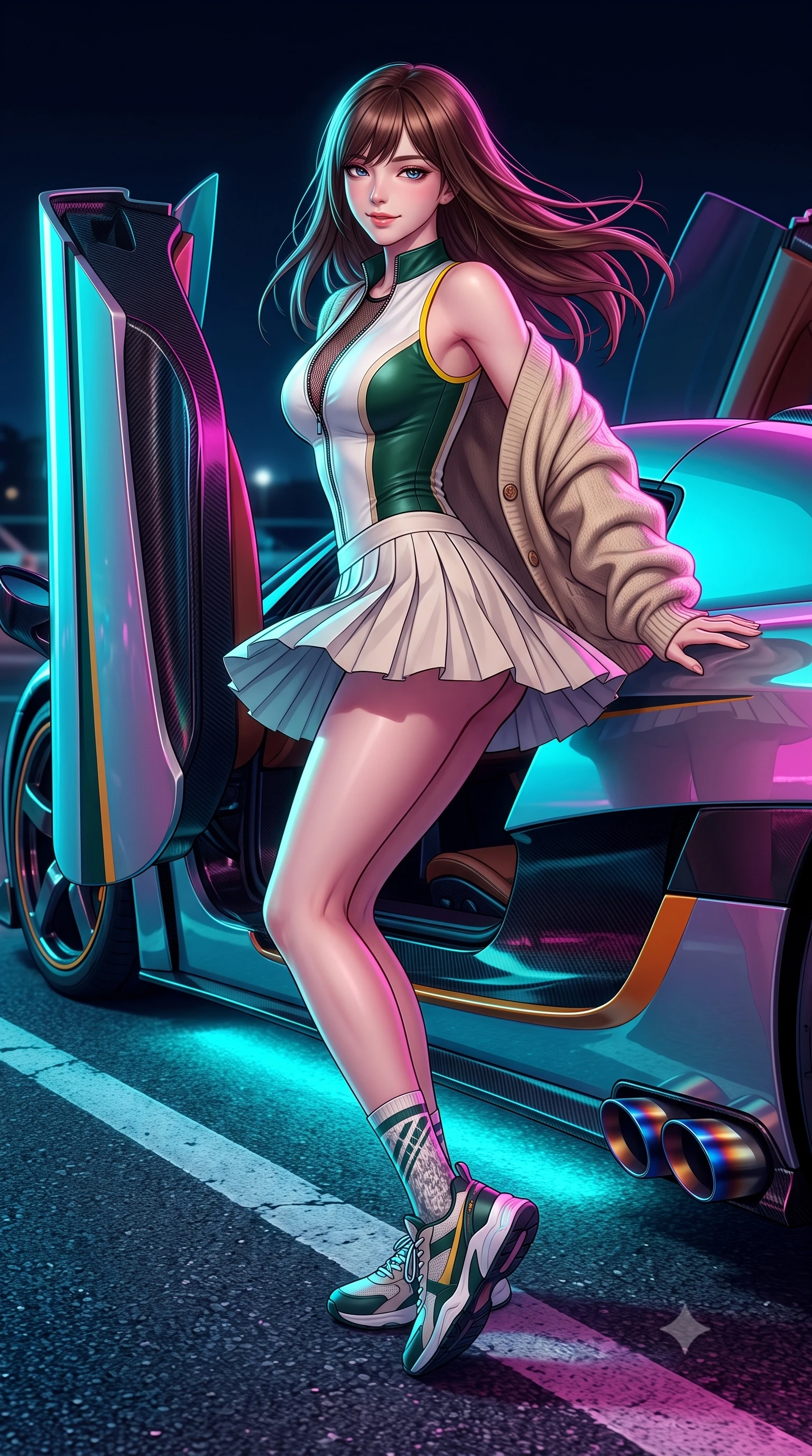 score_9, masterpiece, best quality, ultra-detailed, high-budget anime keyframe, semi-realistic 3D game render, editorial fashion photography, tasteful artistic composition, Korean woman. low angle full-body shot from head to toe showing her feet, filling the entire 9:16 vertical frame with her statuesque presence, stretching her vertical silhouette. executing an athletic pivot turn as her pleated tennis skirt flutters around her slender legs, glancing over her shoulder with an intoxicating, teasing bedroom-gaze while leaning against the scissor door of a customized supercar with hips cocked back, looking into the lens with an intoxicating, confident smirk. The surrounding environment is rendered in vivid detail and crisp panoramic clarity: sharp titanium exhaust tip heat-burn discoloration, glossy car paint reflections, and asphalt parking bay line clarity in deep focus. She has an absolutely perfect, statuesque 8.5-heads proportion, an exceptionally tall and slender model-like female figure with impossibly long slender legs, an ultra-slim waist, a flat toned midriff, narrow delicate ribcage, and beautifully sculpted feminine hips creating a graceful, slim hourglass silhouette without any bulky heaviness. sharp v-shaped jawline, high-bridge nose, sparkling eyes with athletic focus and depth, thick curled eyelashes, glossy parted lips with a natural coral-peach sheen, bright confident and coquettish smile with alluring bedroom-eyes, exuding both youthful sporty vigor and sovereign high-society glamour, flawlessly proportioned anatomical accuracy, strict slender model proportions, natural body alignment, perfectly sculpted long slender limbs, ultra-slim waistline, clean dynamic posture without body distortion. wearing an ultra-tight form-contouring racing leather catsuit in two-tone white and British racing green with a deep-plunging zip neck in warm oatmeal beige and deep Ferrari yellow, woven from semi-opaque performance athletic mesh with hexagonal micro-perforations, complemented by an oversized cashmere knit cardigan slipping off one bare shoulder, the liquid-tight tailored fabric clinging flawlessly to her narrow waist and rounded feminine hips, emphasizing every millimeter of her sculpted slim hourglass curves without any bulky heaviness. bathed in intense saturated underglow neons in electric cyan and magenta contrasting with night shadows. highly saturated vibrant anime colors, detailed shading with soft gradients, rich glossy textures, high-contrast stereoscopic depth, volumetric dynamic lighting, master piece, 9:16 ratio
