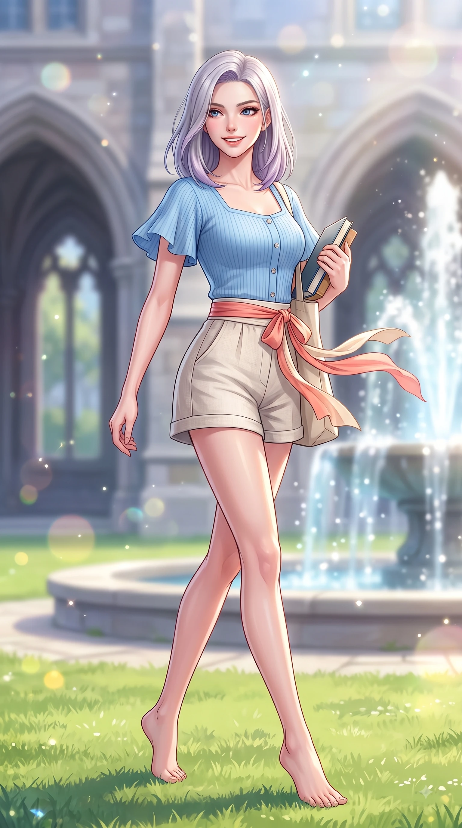 score_9, masterpiece, best quality, ultra-detailed, high-budget anime keyframe, editorial fashion photography, tasteful artistic composition, Caucasian woman. low angle full-body shot from head to toe showing her feet, filling the entire 9:16 vertical frame with her statuesque presence, stretching her vertical silhouette. pivoting dynamically with a fresh infectious smile, her ultra-slim waist creating a sweeping fluid curve while walking happily across a sunlit university campus lawn carrying a canvas tote bag and books. The composition keeps background elements in soft focus with dreamy bokeh. gothic campus arches and sparkling fountain waters softened in a gentle background haze. She has an absolutely perfect, statuesque 8.5-heads proportion, an exceptionally tall and slender model-like female figure with impossibly long slender legs and an ultra-slim waist. sharp v-shaped jawline, high-bridge nose, intricate jewel-like eyes with depth, thick eyelashes, glossy lips with a natural sheen, flawlessly proportioned anatomical accuracy, natural body alignment, perfectly sculpted elegant limbs, clean dynamic posture without body distortion. wearing a sky-blue ribbed short-sleeve cardigan with high-waist linen shorts and a dainty waist sash in warm coral pink and champagne ivory, made of fine lightweight chiffon that flutters gently in the breeze, featuring elegant flutter sleeves and a graceful square neckline, the relaxed yet flattering fit accentuating her naturally graceful and slender figure. surrounded by an uplifting, fresh, and youthful academic atmosphere. highly saturated vibrant anime colors, detailed shading with soft gradients, rich glossy textures, high-contrast stereoscopic depth, volumetric dynamic lighting, master piece, 9:16 ratio