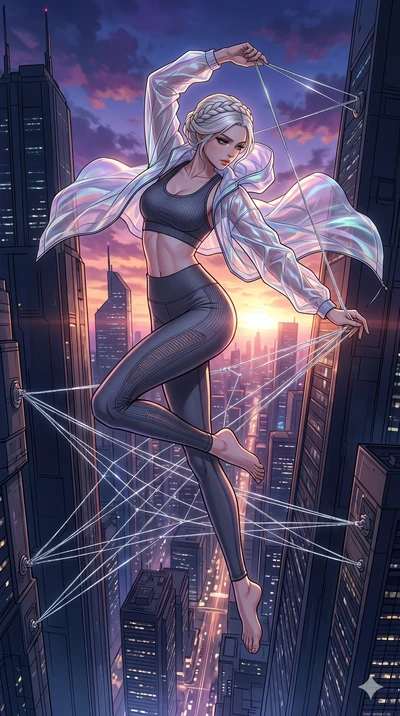score_9, masterpiece, best quality, ultra-detailed, high-budget anime movie keyframe, cinematic anime lighting, intricate line art, Korean woman. Mid-air action shot capturing a graceful twist and vertical silhouette. weaving a web of silver threads 