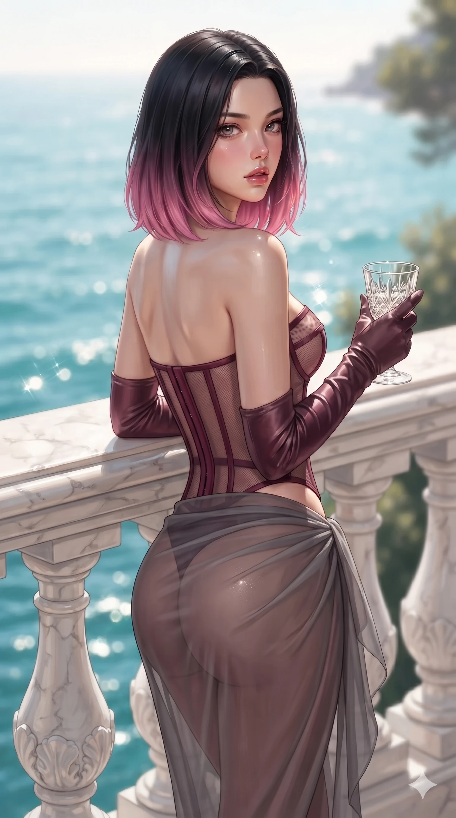 score_9, masterpiece, best quality, ultra-detailed, high-budget anime keyframe, editorial fashion photography, tasteful artistic composition, Korean woman. close-up cowboy shot from the waist and thighs up, the character dominates the composition, filling the frame with her large presence. posing in an alluring rear three-quarter angle, looking over a bare shoulder with parted glossy lips, her hips cocked back to highlight her slim hourglass curve while leaning against the carved white marble balustrade with hips cocked back, watching golden sunbeams dance across the turquoise waves with bedroom-eyes. The composition keeps background elements in soft focus with creamy bokeh: balmy coastal sea breeze softened in ultra-luxury private villa terrace shallow focus. She has an exceptionally elegant, slender, and willowy female figure with an ultra-slim waist, flat toned midriff, narrow ribcage, and sculpted feminine hips creating an alluring, slim hourglass silhouette without bulk. sharp v-shaped jawline, high-bridge nose, intricate jewel-like eyes with depth, thick eyelashes, glossy parted lips with a natural sheen, intensely captivating and seductive bedroom-eyes expression, flawlessly proportioned anatomical accuracy, strict slender model proportions, natural body alignment, perfectly sculpted long slender limbs, ultra-slim waistline, clean dynamic posture without body distortion. wearing a provocative translucent mesh corset bodice with boned satin channels paired with a sheer chiffon wrap skirt in deep wine burgundy and brushed dark platinum, made of sheer gossamer chiffon that drapes softly against skin with airy translucence, accessorized with opera-length satin gloves and a vintage crystal glass, the liquid-tight tailored fabric clinging flawlessly to her narrow waist and rounded feminine hips, emphasizing every millimeter of her sculpted slim hourglass curves without any bulky heaviness. illuminated by brilliant directional Mediterranean afternoon sun rays sculpting her sculpted clavicle, flat midriff, and rounded hips. ultra-reflective glossy finish, specular highlights, rich textural contrasts, high-contrast stereoscopic depth, volumetric dynamic lighting, 2k, ultra detail, master piece, 9:16 ratio