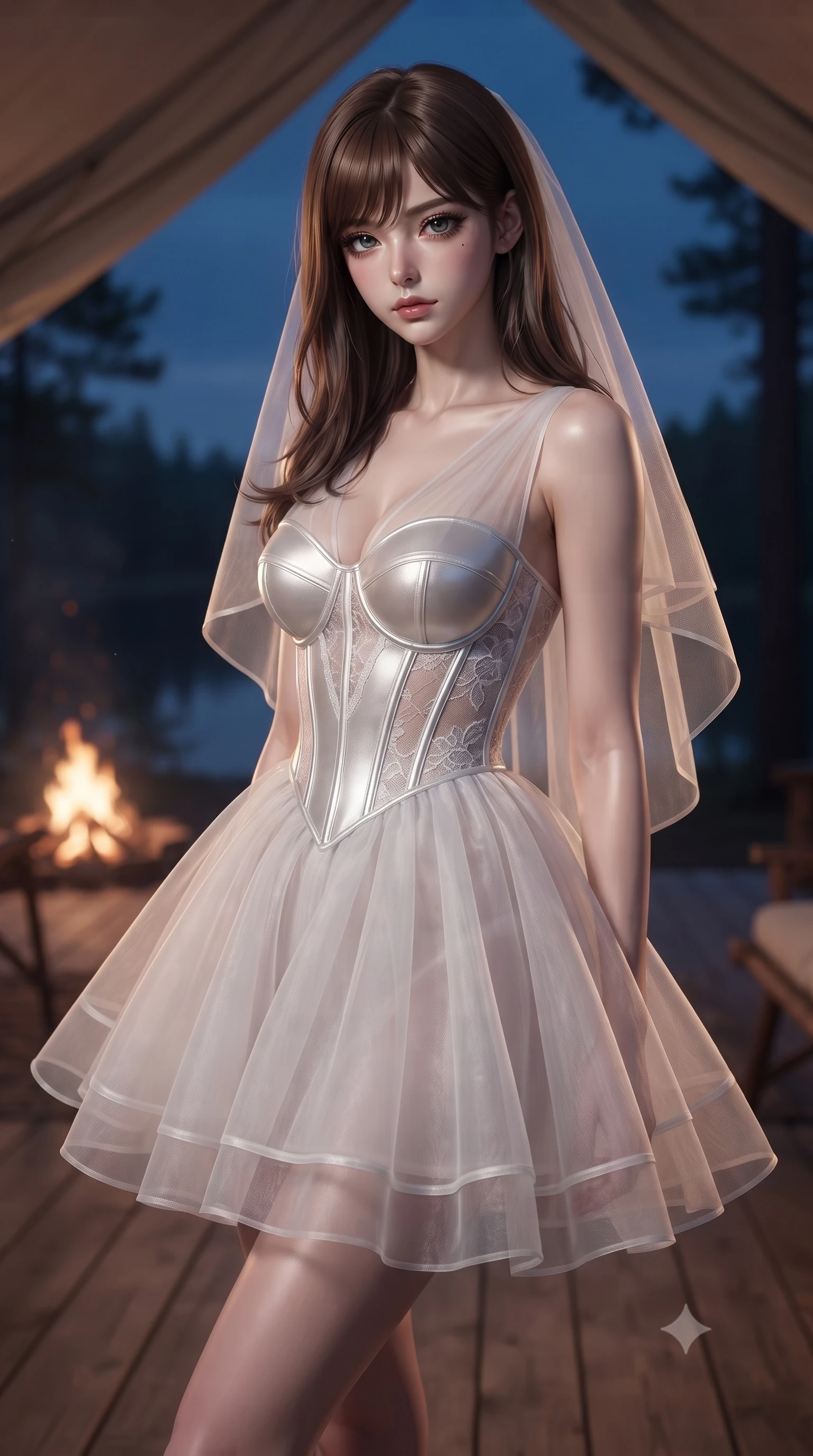 score_9, masterpiece, best quality, ultra-detailed, high-budget anime keyframe, editorial fashion photography, tasteful artistic composition, Korean woman woman. close-up cowboy shot from the waist and thighs up, the character dominates the composition, filling the frame with her large presence, background elements kept in soft focus. She has an exceptionally elegant, slender, and willowy female figure with an ultra-slim waist, a gracefully sculpted slender torso, and a refined silhouette. casting a slow, direct gaze beneath heavy lashes with magnetic intensity, flawlessly proportioned anatomical accuracy, natural body alignment, perfectly sculpted elegant limbs, clean dynamic posture without body distortion. set against a soft-focus background of a luxury canvas tent deck overlooking a quiet pine lake at dusk. wearing a translucent white organdy veil dress with an architectural structured corset and lace panels. bathed in warm campfire glow contrasting with the deep twilight blue night sky. ultra-reflective glossy finish, specular highlights, metallic sheen, high-contrast stereoscopic depth, volumetric dynamic lighting, 2k, ultra detail, master piece, 9:16 ratio