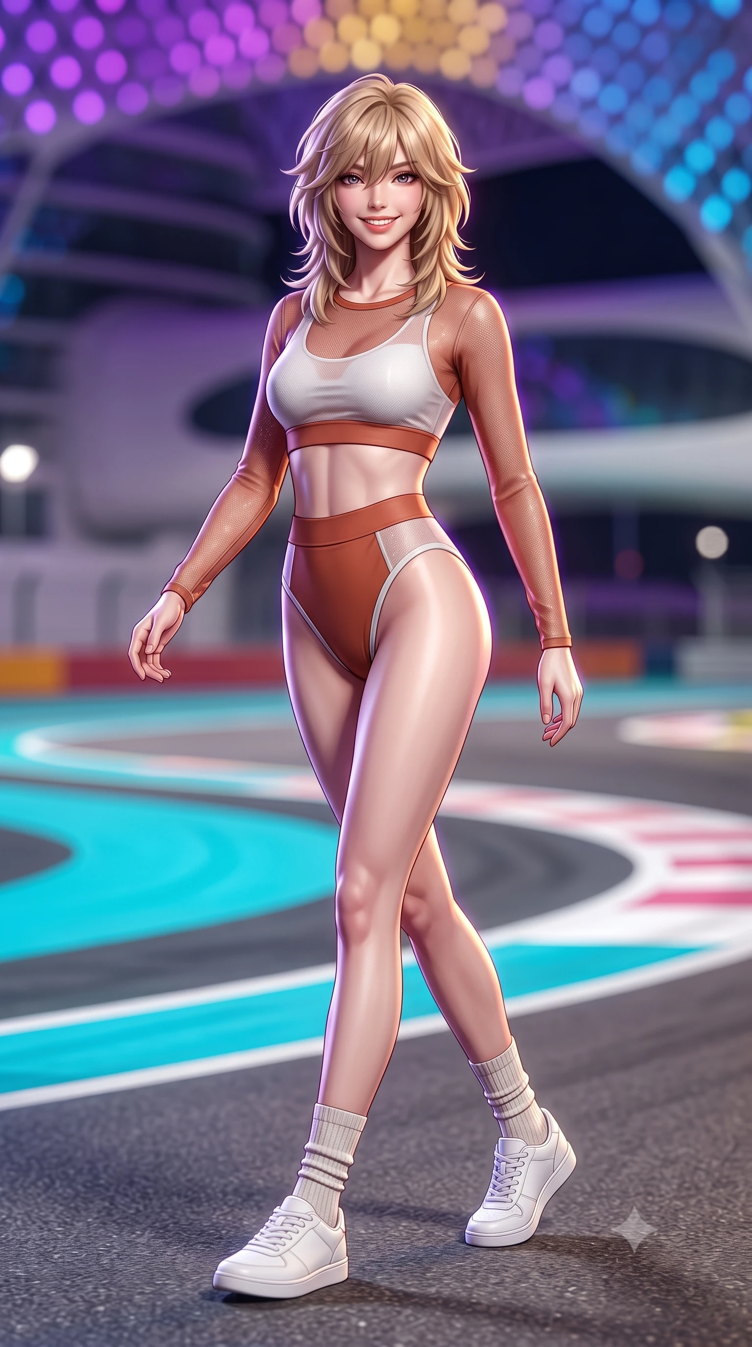 score_9, masterpiece, best quality, ultra-detailed, high-budget anime keyframe, semi-realistic 3D game render, editorial fashion photography, tasteful artistic composition, Japanese woman. low angle full-body shot from head to toe showing her feet, filling the entire 9:16 vertical frame with her statuesque presence, stretching her vertical silhouette. stepping forward gracefully across the paddock tarmac in mid-motion with a radiant beaming smile, hips swaying in an alluring kinetic rhythm that accentuates her curvy hourglass silhouette and long slender legs while twisting her slender torso in an alluring S-curve, dynamic LED color shifts from the hotel canopy illuminating her tight racing outfit and hips. The background shows a soft-focus racing curbs painted in bright turquoise and illuminated track runoff zones softened in ultramodern Grand Prix shallow focus. She has an absolutely perfect, statuesque 8.5-heads proportion, an exceptionally tall and slender model-like female figure with impossibly long slender legs, an ultra-slim waist, a flat toned midriff, narrow delicate ribcage, and beautifully sculpted feminine hips creating a graceful, slim hourglass silhouette without any bulky heaviness. sharp v-shaped jawline, high-bridge nose, sparkling eyes with athletic focus and depth, thick curled eyelashes, glossy parted lips with a natural coral-peach sheen, bright confident and coquettish smile with alluring bedroom-eyes, exuding both youthful sporty vigor and sovereign high-society glamour, flawlessly proportioned anatomical accuracy, strict slender model proportions, natural body alignment, perfectly sculpted long slender limbs, ultra-slim waistline, clean dynamic posture without body distortion. wearing a sheer athletic mesh long-sleeve crop top layered over an opaque racing bralette and high-cut tennis briefs in classic clay-court terracotta and cloud white, woven from metallic lurex and technical nylon with subtle starlight glints, complemented by ribbed knit crew socks and clean white designer court sneakers, the high-waisted wrap tailoring accentuating her ultra-slim waistline and the enchanting curve of her feminine hips with alluring sporty charm. illuminated by track floodlight bounce and sharp violet-gold rim lights sculpting her razor-sharp jawline, narrow waist, and curvy hips. highly saturated vibrant anime colors, detailed shading with soft gradients, rich glossy textures, high-contrast stereoscopic depth, volumetric dynamic lighting, master piece, 9:16 ratio