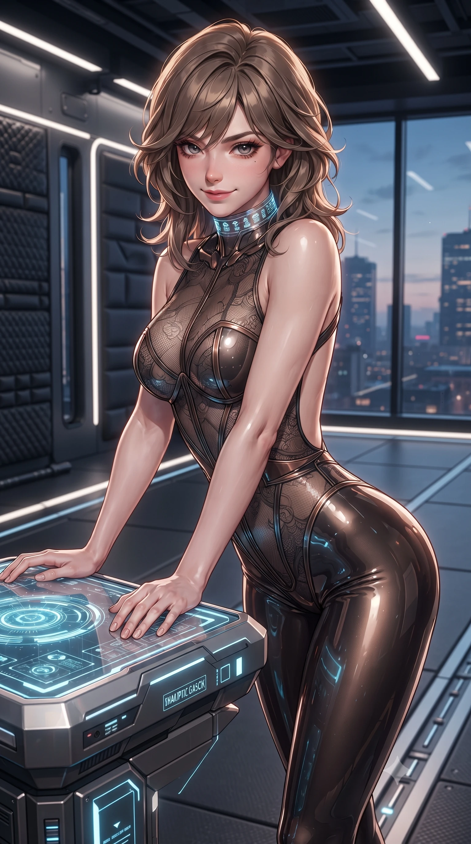score_9, masterpiece, best quality, ultra-detailed, high-budget anime keyframe, editorial fashion photography, tasteful artistic composition, Korean woman. close-up cowboy shot from the waist and thighs up, the character dominates the composition, filling the frame with her large presence. resting both hands lightly on the holoscreen pedestal while leaning toward the lens with a teasing smirk, her tight combat suit hugging her narrow waist and feminine hip curve while posing in an alluring mid-air contrapposto twist with hips cocked back, looking toward the viewer with an intoxicating, playful smile. The surrounding environment is rendered in vivid detail and crisp panoramic clarity: sharp magnetic track rail seams, padded gym wall grip textures, and transparent window frame clarity in deep focus. She has an exceptionally elegant, slender, and willowy female figure with an ultra-slim waist, flat toned midriff, narrow ribcage, and sculpted feminine hips creating an alluring, slim hourglass silhouette without bulk. sharp v-shaped jawline, high-bridge nose, intricate jewel-like sparkling eyes with depth, thick eyelashes, glossy parted lips with a natural sheen, bright confident smile with an enchanting and coquettish sensual glint, exuding both youthful magnetic charm and sovereign high-tech allure, flawlessly proportioned anatomical accuracy, strict slender model proportions, natural body alignment, perfectly sculpted long slender limbs, ultra-slim waistline, clean dynamic posture without body distortion. wearing a sheer technical lace and carbon composite bodysuit with architectural cup boning and open back in burnished bronze alloy and smoked glass black, made of smooth liquid latex with high-contrast stereoscopic depth and wet shine, complemented by a high-tech holographic choker projecting miniature glyphs, the form-fitting tactical tailoring adhering flawlessly to her sculpted flat midriff and slender torso, emphasizing her long leg lines and perfectly proportioned willowy build. illuminated by floor LED guides and sharp platinum rim lights defining her razor-sharp jawline, narrow waist, and curvy hips. ultra-reflective glossy finish, specular highlights, rich textural contrasts, high-contrast stereoscopic depth, volumetric dynamic lighting, 2k, ultra detail, master piece, 9:16 ratio