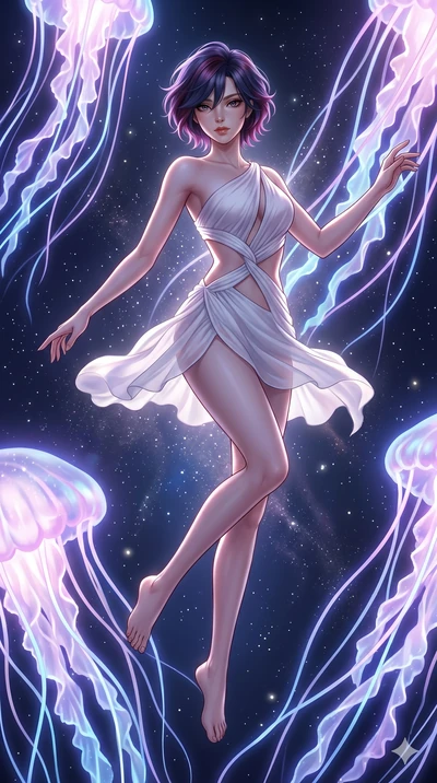 score_9, masterpiece, best quality, ultra-detailed, high-budget anime keyframe, Korean woman. low angle full-body shot filling the entire 9:16 frame with her statuesque presence, stretching the vertical silhouette. swirling gracefully among the glowi