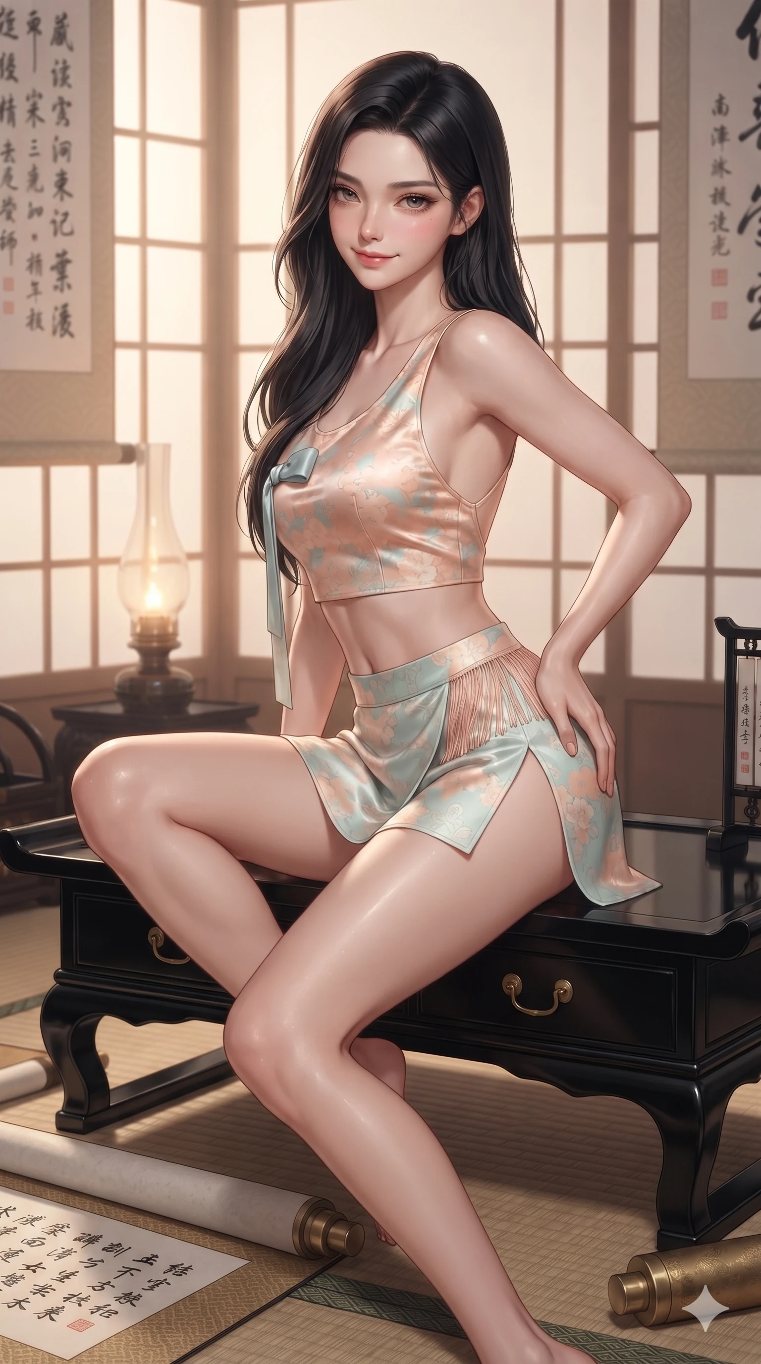 score_9, masterpiece, best quality, ultra-detailed, high-budget anime keyframe, editorial fashion photography, tasteful artistic composition, Korean woman. close-up cowboy shot from the waist and thighs up, the character dominates the composition, filling the frame with her large presence. tilting her head with a teasing half-smile, running one hand slowly down the side of her hip in a flirtatious S-curve as ambient light caresses her silhouette while perched sideways on the low black lacquer writing desk, one knee drawn up to showcase her slender leg line while her arched back accentuates her curves. The surrounding environment is rendered in vivid detail and crisp panoramic clarity: sharp ink stroke textures on mulberry paper, woven tatami edge binding, and polished brass scroll weights in deep focus. She has an exceptionally elegant, slender, and willowy female figure with an ultra-slim waist, flat toned midriff, narrow ribcage, and sculpted feminine hips creating an alluring, slim hourglass silhouette without bulk. sharp v-shaped jawline, high-bridge nose, sparkling eyes with hypnotic seductive depth, thick curled eyelashes, glossy parted lips with a natural dewy peach sheen, alluring bedroom-eyes with an enchanting coquettish smile, exuding magnetic siren charisma and sophisticated glamour, flawlessly proportioned anatomical accuracy, strict slender model proportions, natural body alignment, perfectly sculpted long slender limbs, ultra-slim waistline, clean dynamic posture without body distortion. wearing a liquid-look silk satin jeogori crop top with low-back scoop paired with high-slit wrap mini shorts in pastel peach blossom and celadon porcelain blue, made of supple butter-soft lambskin leather with a subtle satin sheen, finished with delicate silk fringe trim fluttering along her hip line with kinetic charm, the impeccably tailored cut draping gracefully along her slender figure with aristocratic eastern poise. bathed in soft diffuse light filtering through paper shoji screens and warm oil lamp glow. ultra-reflective glossy finish, specular highlights, rich textural contrasts, high-contrast stereoscopic depth, volumetric dynamic lighting, 2k, ultra detail, master piece, 9:16 ratio