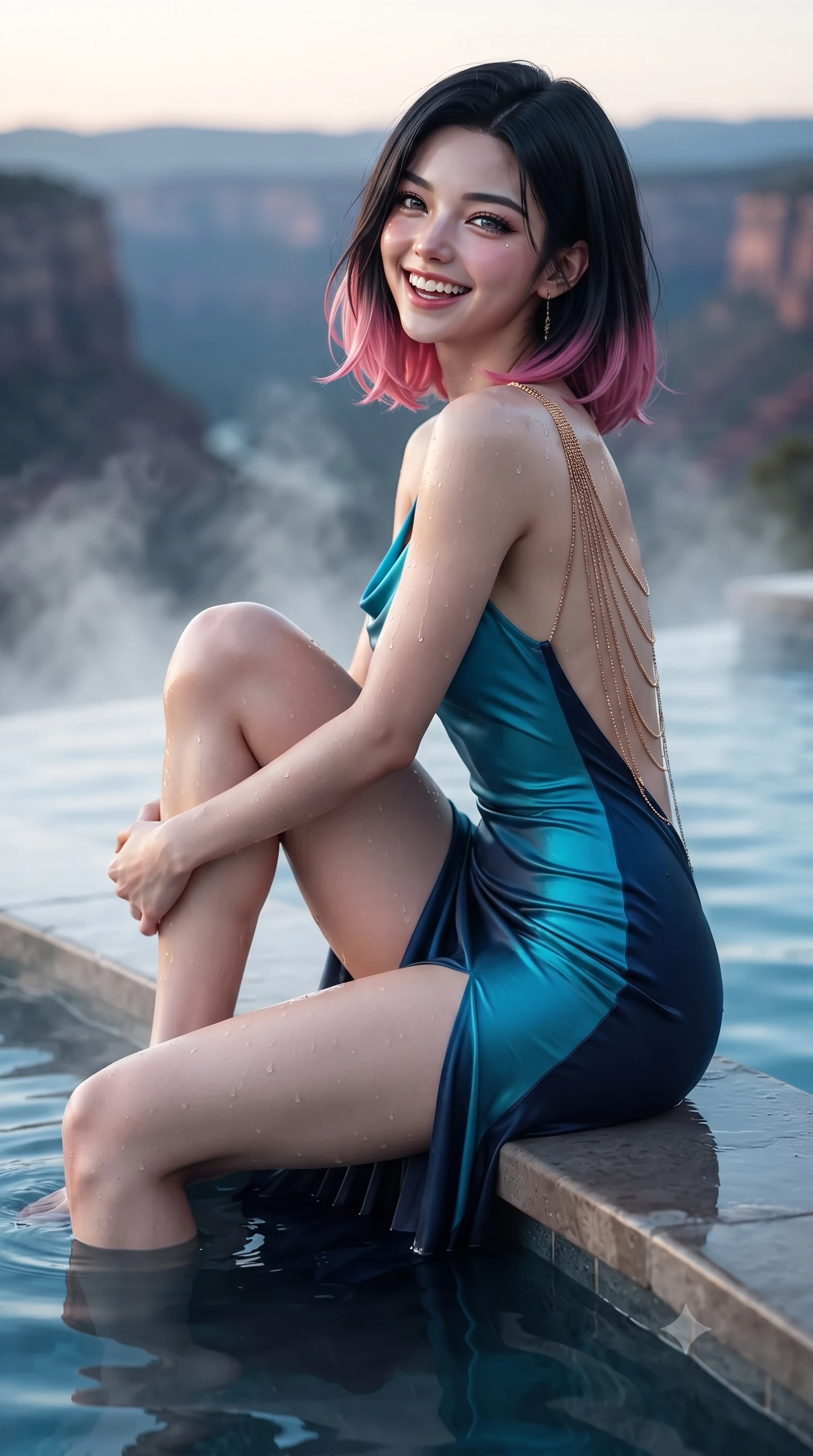 score_9, masterpiece, best quality, ultra-detailed, high-budget anime keyframe, editorial fashion photography, tasteful artistic composition, Korean woman. close-up cowboy shot from the waist and thighs up, the character dominates the composition, filling the frame with her large presence. perched sideways on the lounge seat, one knee drawn up to showcase her slender leg line while her arched back accentuates her feminine hip curve while lounging in the heated water propped on the pool rim with legs extended, her statuesque 8.5-heads silhouette commanding the canyon panorama. The background shows a soft-focus rising thermal pool vapor softened in breathtaking clifftop hideaway shallow focus. She has an exceptionally elegant, slender, and willowy female figure with an ultra-slim waist, flat toned midriff, narrow ribcage, and sculpted feminine hips creating an alluring, slim hourglass silhouette without bulk. sharp v-shaped jawline, high-bridge nose, intricate jewel-like sparkling eyes with depth, thick eyelashes, glossy parted lips with a natural peach sheen, bright cheerful beaming smile with an enchanting and coquettish sensual glint, exuding both youthful cute charm and seductive allure, flawlessly proportioned anatomical accuracy, strict slender model proportions, natural body alignment, perfectly sculpted long slender limbs, ultra-slim waistline, clean dynamic posture without body distortion. wearing a form-contouring gossamer silk chiffon slip dress with a hip-high slit and open cowl back clinging with dewy moisture in Singapore Marina Bay electric cyan and midnight sapphire, woven from buttery-soft stretch lambskin leather adhering to her body like a second skin, accented with an open-back drape framed by falling strands of delicate gold chains, the liquid-tight tailored fabric clinging flawlessly to her narrow waist and rounded feminine hips, emphasizing every millimeter of her sculpted slim hourglass curves without any bulky heaviness. illuminated by pool water reflection bounce and sharp platinum-cyan rim lights defining her dewy collarbones, ultra-slim waist, and curvy hips. ultra-reflective glossy finish, specular highlights, rich textural contrasts, high-contrast stereoscopic depth, volumetric dynamic lighting, 2k, ultra detail, master piece, 9:16 ratio