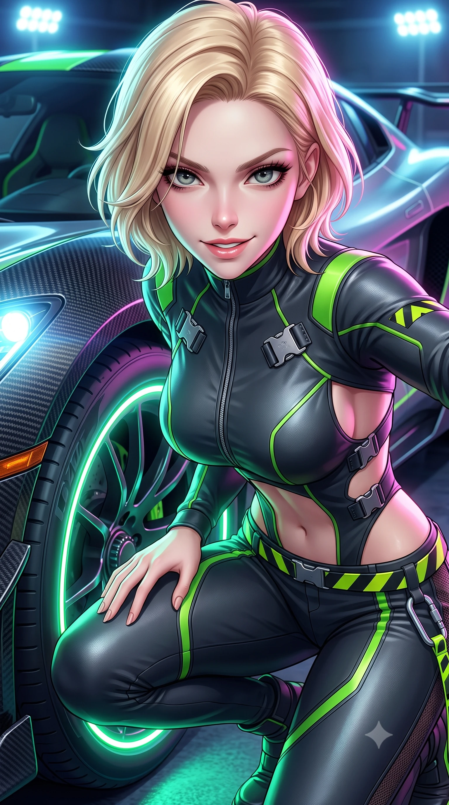 score_9, masterpiece, best quality, ultra-detailed, high-budget anime keyframe, semi-realistic 3D game render, editorial fashion photography, tasteful artistic composition, Caucasian woman. close-up cowboy shot from the waist and thighs up, the character dominates the composition, filling the frame with her large presence. leaning forward toward the camera with playful, breathtaking intimacy, eyes locked onto the viewer with irresistible charisma while crouching low beside a glowing neon wheel rim, one hand resting on her thigh, casting an intense, electrifying smirk. The surrounding environment is rendered in vivid detail and crisp panoramic clarity. sharp carbon-fiber weave textures, polished hypercar body reflections, and tire tread grooves in deep focus. She has an exceptionally elegant, slender, and willowy female figure with an ultra-slim waist, a gracefully sculpted slender torso, toned flat midriff, and a refined slim silhouette. sharp v-shaped jawline, high-bridge nose, intricate jewel-like eyes with depth, thick eyelashes, glossy parted lips with a natural sheen, intensely captivating and seductive expression, flawlessly proportioned anatomical accuracy, strict slender model proportions, natural body alignment, perfectly sculpted long slender limbs, ultra-slim waistline, clean dynamic posture without body distortion. wearing a high-collar leather speedsuit featuring bold side-torso cutouts and quick-release titanium buckles in dark carbon grey and laser green accents, made of stretchy athletic knit with sheer mesh cutout inserts, finished with high-visibility hazard warning tape details and carabiner clips, the athletic second-skin cut highlighting her toned flat midriff and slender model proportions during dynamic action. bathed in high-intensity xenon hypercar headlights and neon pitlane floodlights. highly saturated vibrant anime colors, detailed shading with soft gradients, rich glossy textures, high-contrast stereoscopic depth, volumetric dynamic lighting, master piece, 9:16 ratio