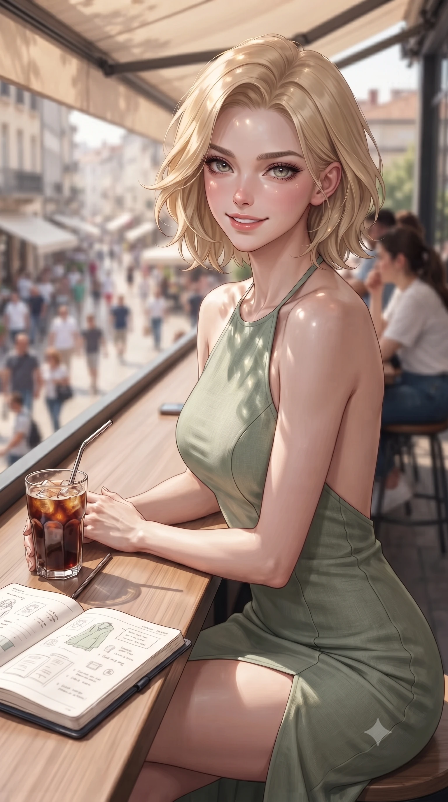 score_9, masterpiece, best quality, ultra-detailed, high-budget anime keyframe, editorial fashion photography, tasteful artistic composition, Caucasian woman. close-up cowboy shot from the waist and thighs up, the character dominates the composition, filling the frame with her large presence, background elements kept in soft focus. smiling with cute and bright self-assurance, looking directly at the viewer set against a soft-focus background of on a rooftop cafe terrace overlooking a busy pedestrian street below with a glass of cold brew coffee and an open planner on the wooden table. She has an exceptionally elegant, slender, and willowy female figure with an ultra-slim waist, a gracefully sculpted slender torso, and a refined silhouette. sharp v-shaped jawline, high-bridge nose, intricate jewel-like eyes with depth, thick eyelashes, glossy lips with a natural sheen. wearing tailored backless linen halter dress in sage green, showing her elegant shoulder lines. dappled sunlight filtering through the outdoor awning onto her face. ultra-reflective glossy finish, specular highlights, metallic sheen, high-contrast stereoscopic depth, volumetric dynamic lighting, 2k, ultra detail, master piece, 9:16 ratio