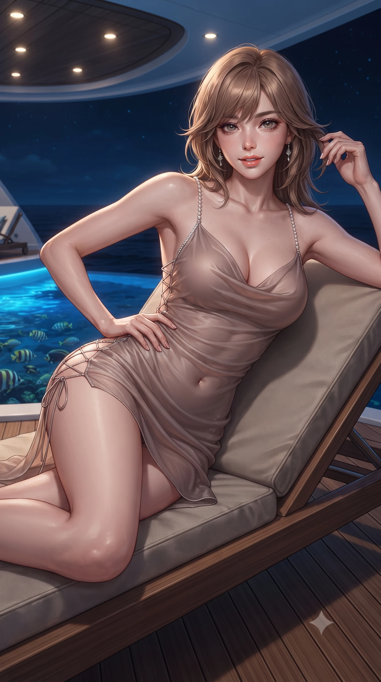score_9, masterpiece, best quality, ultra-detailed, high-budget anime keyframe, editorial fashion photography, tasteful artistic composition, Korean woman. close-up cowboy shot from the waist and thighs up, the character dominates the composition, filling the frame with her large presence. twisting her slender torso in an alluring contrapposto stance, one hand resting on her sculpted hip while her fingers toy with her hair with effortless poise while lounging on an outdoor teak sunbed propped on one elbow, her flat midriff and long slender legs commanding the nocturnal ocean realm. The surrounding environment is rendered in vivid detail and crisp panoramic clarity: sharp teak plank caulking, stainless steel hydraulic piston polish, and swimming reef fish clarity in deep focus. She has an exceptionally elegant, slender, and willowy female figure with an ultra-slim waist, flat toned midriff, narrow ribcage, and sculpted feminine hips creating an alluring, slim hourglass silhouette without bulk. sharp v-shaped jawline, high-bridge nose, sparkling eyes with hypnotic seductive depth, thick curled eyelashes, glossy parted lips with a natural dewy peach sheen, alluring bedroom-eyes with an enchanting coquettish smile, exuding magnetic siren charisma and sophisticated glamour, flawlessly proportioned anatomical accuracy, strict slender model proportions, natural body alignment, perfectly sculpted long slender limbs, ultra-slim waistline, clean dynamic posture without body distortion. wearing a low-cut draped cowl-back satin slip mini dress with dainty pearl spaghetti straps in sheer dusky champagne and glistening crystal trims, made of sheer gossamer chiffon that drapes softly against skin with airy translucence, featuring fine criss-cross lace-up side ties revealing tantalizing glimpses of her hip curve, the liquid-tight tailored fabric clinging flawlessly to her narrow waist and rounded feminine hips, emphasizing every millimeter of her sculpted slim hourglass curves without any bulky heaviness. bathed in brilliant underwater sapphire LED hull lighting paired with warm recessed ceiling spotlights from the beach club salon. ultra-reflective glossy finish, specular highlights, rich textural contrasts, high-contrast stereoscopic depth, volumetric dynamic lighting, 2k, ultra detail, master piece, 9:16 ratio