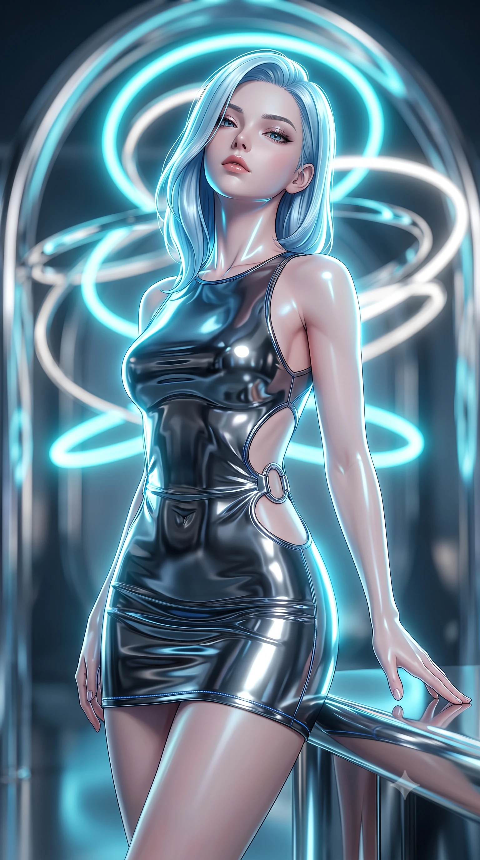 score_9, masterpiece, best quality, ultra-detailed, high-budget anime keyframe, editorial fashion photography, tasteful artistic composition, Korean woman. close-up cowboy shot from the waist and thighs up, the character dominates the composition, filling the frame with her large presence. tilting her head back with serene regal elegance, her sharp jawline and sculpted collarbones highlighted by glowing neon halo reflections while resting one hand along a mirror-finished chrome altar with a serene, sovereign gaze looking directly into the lens. The composition keeps background elements in soft focus with creamy bokeh. soaring polished chrome arches and rotating neon halo rings blurred into luminous cyan and platinum bokeh. She has an exceptionally elegant, slender, and willowy female figure with an ultra-slim waist, a gracefully sculpted slender torso, toned flat midriff, and a refined slim silhouette. sharp v-shaped jawline, high-bridge nose, intricate jewel-like eyes with depth, thick eyelashes, glossy lips with a natural sheen, flawlessly proportioned anatomical accuracy, strict slender model proportions, natural body alignment, perfectly sculpted long slender limbs, ultra-slim waistline, clean dynamic posture without body distortion. wearing a high-gloss lacquer cyber-couture mini dress with an open-back architectural cut and subtle glowing micro-filaments in liquid platinum silver and deep sapphire blue LED filaments, crafted from ultra-reflective second-skin liquid metal with a mirror-like polish, detailed with polished silver rings connecting the daring side-waist cutouts, the liquid-tight tailored fabric emphasizing every curve of her tall, slender model proportions and sculptured silhouette during dynamic movement. bathed in brilliant neon cyan halo backlighting and polished chrome surface reflections. ultra-reflective glossy finish, specular highlights, dark metallic sheen, high-contrast stereoscopic depth, volumetric dynamic lighting, 2k, ultra detail, master piece, 9:16 ratio