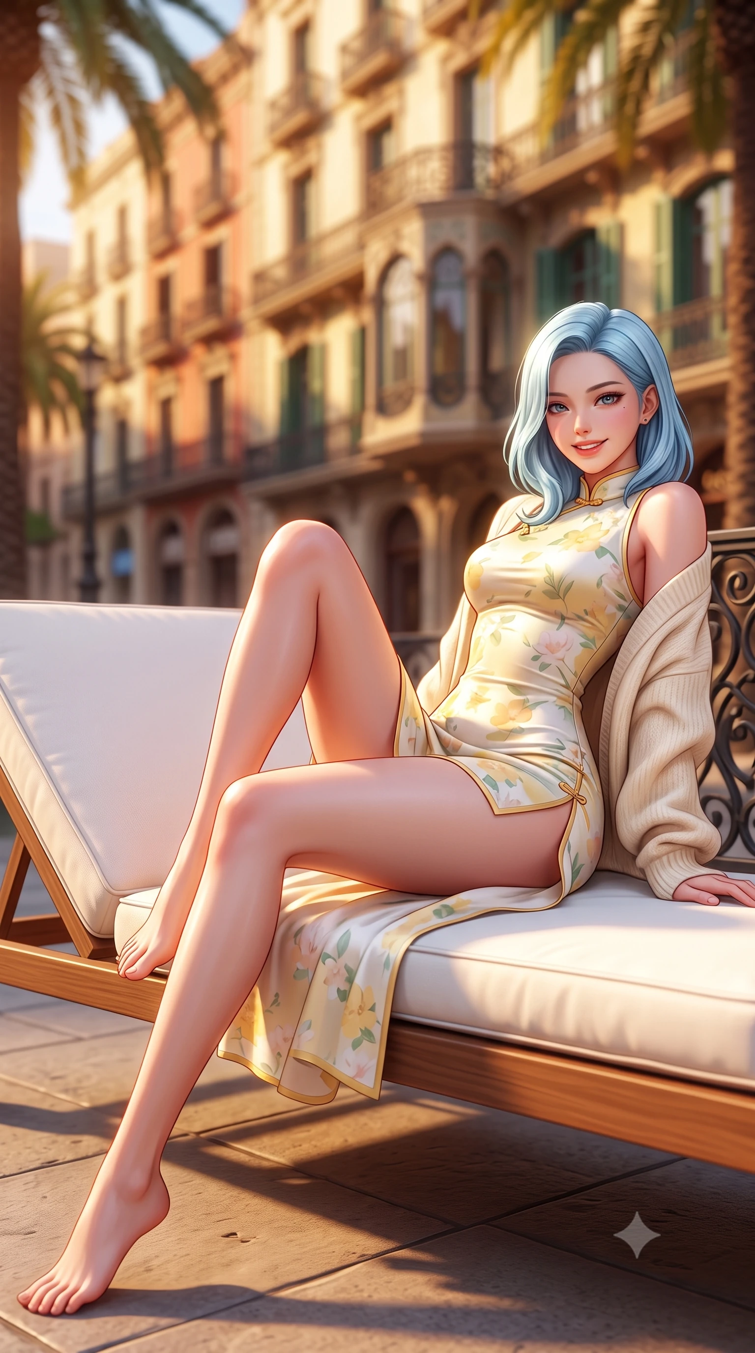 score_9, masterpiece, best quality, ultra-detailed, high-budget anime keyframe, semi-realistic 3D game render, editorial fashion photography, tasteful artistic composition, Korean woman. low angle full-body shot from head to toe showing her feet, filling the entire 9:16 vertical frame with her statuesque presence, stretching her vertical silhouette. reclining languidly on her side across the sunbed with one knee drawn up, her radiant smile and arched hip curve commanding the 9:16 vertical frame with youthful sensual charisma while twisting her slender torso in an alluring S-curve as warm Catalan afternoon breezes flutter her silk wrap dress. The composition keeps background elements in soft focus with dreamy creamy bokeh. flowing art nouveau architectural facades and palm tree canopies along the boulevard blurred into warm terracotta, gold, and jade bokeh. She has an exceptionally tall and slender model-like 8.5-heads proportion, an ultra-slim waist, a flat toned midriff, narrow delicate ribcage, and beautifully sculpted feminine hips creating a graceful, slim hourglass silhouette without any bulky heaviness, with impossibly long slender legs. sharp v-shaped jawline, high-bridge nose, intricate jewel-like sparkling eyes with depth, thick eyelashes, glossy parted lips with a natural peach sheen, bright cheerful beaming smile with an enchanting and coquettish sensual glint, exuding both youthful cute charm and seductive allure, flawlessly proportioned anatomical accuracy, strict slender model proportions, natural body alignment, perfectly sculpted long slender limbs, ultra-slim waistline, clean dynamic posture without body distortion. wearing a modern cute qipao mini dress with double side slits ascending to the hip in pastel floral silk in bright butter yellow and fresh cream white, formed from supple second-skin stretch ribbed knit clinging to her form, complemented by an oversized soft knit cardigan slipping off one bare shoulder, the form-fitting cut adhering flawlessly to her sculpted flat midriff and slender torso, emphasizing her long leg lines and perfectly proportioned willowy build. bathed in glorious golden hour Mediterranean sunlight washing over the ornate facade. highly saturated vibrant anime colors, detailed shading with soft gradients, rich glossy textures, high-contrast stereoscopic depth, volumetric dynamic lighting, master piece, 9:16 ratio