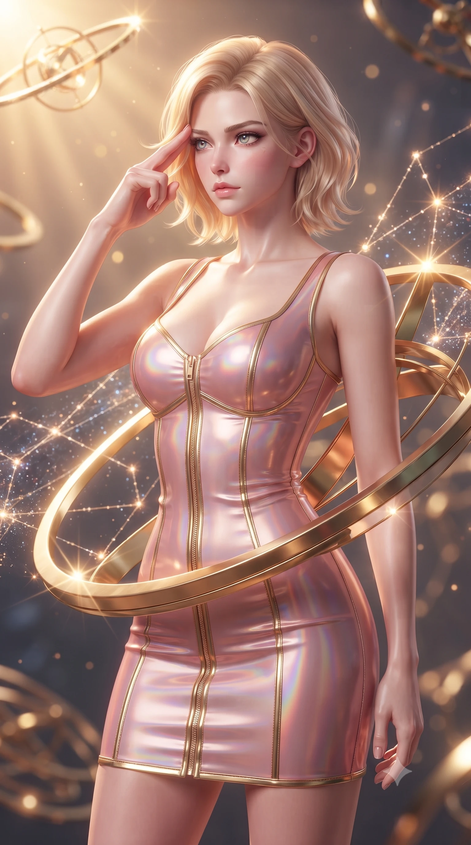 score_9, masterpiece, best quality, ultra-detailed, high-budget anime keyframe, editorial fashion photography, tasteful artistic composition, Caucasian woman. close-up cowboy shot from the waist and thighs up, the character dominates the composition, filling the frame with her large presence, background elements kept in soft focus. Pressing two fingers to her temple in a composed, sharp thoughtful gesture, navigating a constellation map woven from starlight threads and gold filigree, polished gold and brass armillary rings with sharp specular glints. She has an exceptionally elegant, slender, and willowy female figure with an ultra-slim waist, a gracefully sculpted slender torso, and a refined silhouette. sharp v-shaped jawline, high-bridge nose, intricate jewel-like eyes with depth, thick eyelashes, glossy lips with a natural sheen. wearing precision-fitted bodycon dress in high-gloss liquid pearl vinyl in rose-gold pink, made of iridescent hologram organza, finished with metallic gold boning and sleek zipper points, contouring every curve with an exceptionally elegant silhouette. bathed in warm sunbursts filtering through floating orbital rings. highly saturated vibrant anime colors, detailed shading with soft gradients, rich glossy textures, high-contrast stereoscopic depth, volumetric dynamic lighting, master piece, 9:16 ratio