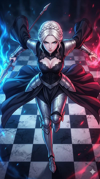 score_9, masterpiece, best quality, ultra-detailed, high-budget anime movie keyframe, cinematic anime lighting, intricate line art, Japanese woman. Extreme high angle shot as she leaps towards the camera, filling the frame. performing a dance of war 