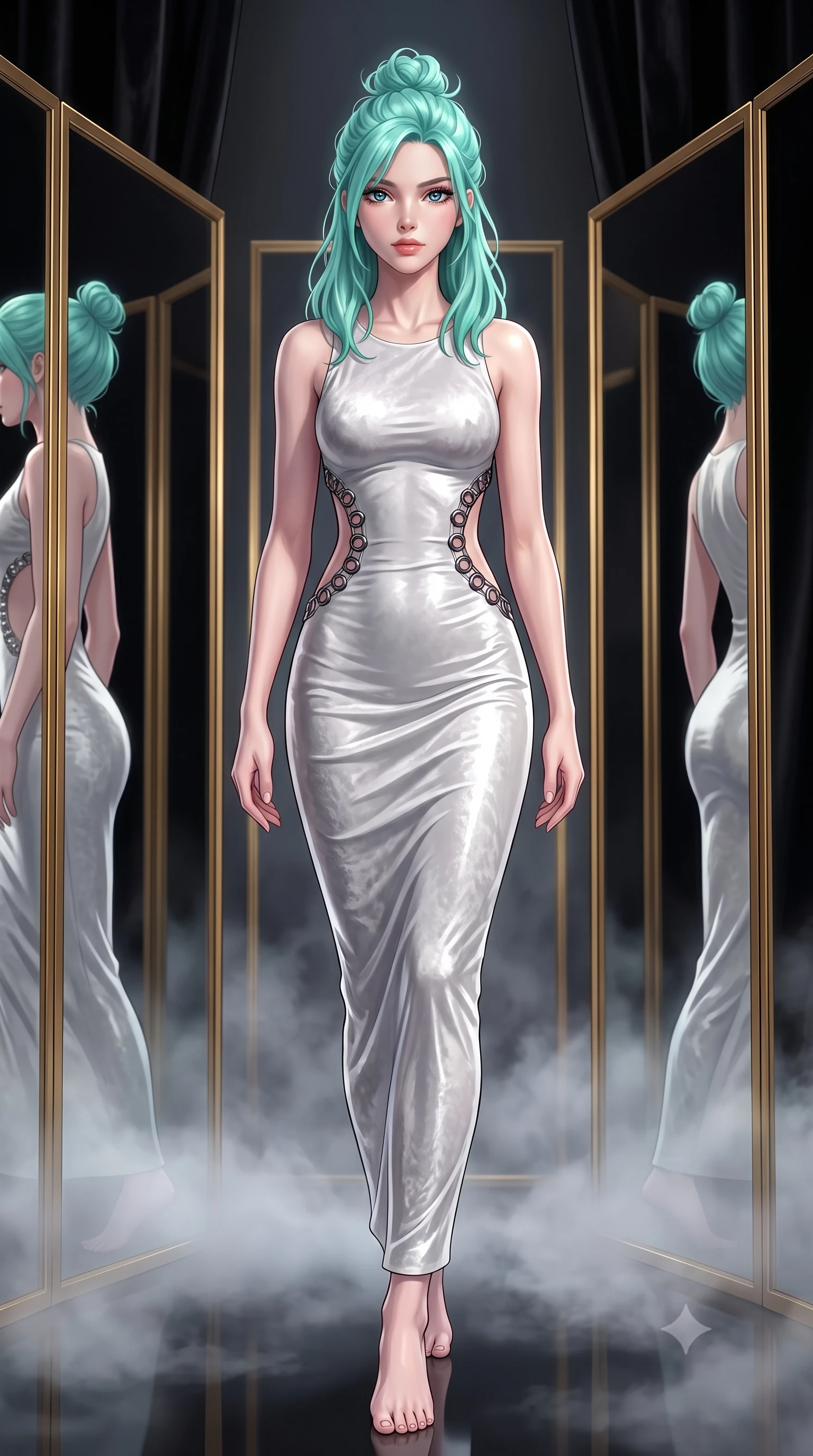 score_9, masterpiece, best quality, ultra-detailed, high-budget anime keyframe, editorial fashion photography, tasteful artistic composition, Japanese woman. low angle full-body shot from head to toe showing her feet, filling the entire 9:16 vertical frame with her statuesque presence, stretching her vertical silhouette. forging confidently through the floating mist, holding a poised statuesque stance, walking past gold-framed mirror panels reflecting her sleek silhouette, high-contrast black velvet and dark leather absorbing ambient darkness. She has an absolutely perfect, statuesque 8.5-heads proportion, an exceptionally tall and slender model-like female figure with impossibly long slender legs and an ultra-slim waist. sharp v-shaped jawline, high-bridge nose, intricate jewel-like eyes with depth, thick eyelashes, glossy lips with a natural sheen. wearing fitted liquid mercury jersey maxi dress hugging every curve in pearl white, made of crushed dark silk velvet, trimmed with dark chrome ring hardware along the waist contours, the fitted fabric emphasizing her ultra-slim waist. surrounded by a regal gold and black ambiance with crisp rim lights. highly saturated vibrant anime colors, detailed shading with soft gradients, rich glossy textures, high-contrast stereoscopic depth, volumetric dynamic lighting, master piece, 9:16 ratio