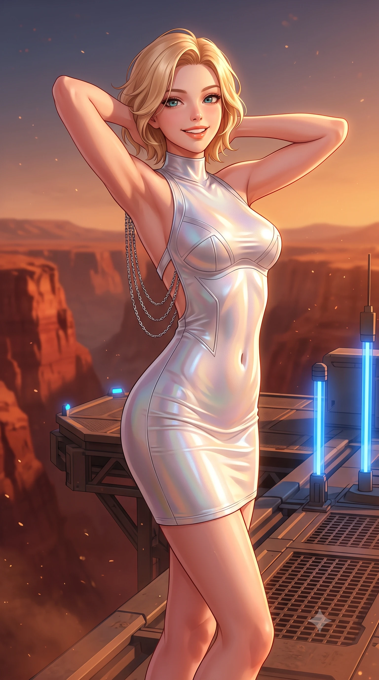 score_9, masterpiece, best quality, ultra-detailed, high-budget anime keyframe, semi-realistic 3D game render, editorial fashion photography, tasteful artistic composition, Caucasian woman. close-up cowboy shot from the waist and thighs up, the character dominates the composition, filling the frame with her large presence. resting both hands lightly behind her neck with elbows raised, arching her spine to highlight her narrow waist, flat midriff, and breathtaking collarbones while standing poised on the reinforced blast terrace jutting over the colossal red chasms of Valles Marineris, arching her back with breathtaking anime heroine charisma. The background shows a soft-focus fine Martian regolith dust motes softened in planetary canyon outpost shallow focus. She has an exceptionally elegant, slender, and willowy female figure with an ultra-slim waist, flat toned midriff, narrow ribcage, and sculpted feminine hips creating an alluring, slim hourglass silhouette without bulk. sharp v-shaped jawline, high-bridge nose, intricate jewel-like sparkling eyes with depth, thick eyelashes, glossy parted lips with a natural peach sheen, bright cheerful beaming smile with an enchanting and coquettish sensual glint, exuding both youthful cute charm and seductive allure, flawlessly proportioned anatomical accuracy, strict slender model proportions, natural body alignment, perfectly sculpted long slender limbs, ultra-slim waistline, clean dynamic posture without body distortion. wearing a dense bandage-knit tactical officer dress with subtle geometric chest accents contouring her delicate ribcage and feminine hips in iridescent mother-of-pearl and liquid molten silver, made of fluid liquid jersey with seamless sculpting hold and smooth contours, accented with an open-back drape framed by falling strands of delicate chrome chains, the liquid-tight tailored fabric clinging flawlessly to her narrow waist and rounded feminine hips, emphasizing every millimeter of her sculpted slim hourglass curves without any bulky heaviness. bathed in rich 2000K warm terracotta sunset glow contrasted with brilliant electric-blue ionization laser conduits. highly saturated vibrant anime colors, detailed shading with soft gradients, rich glossy textures, high-contrast stereoscopic depth, volumetric dynamic lighting, master piece, 9:16 ratio