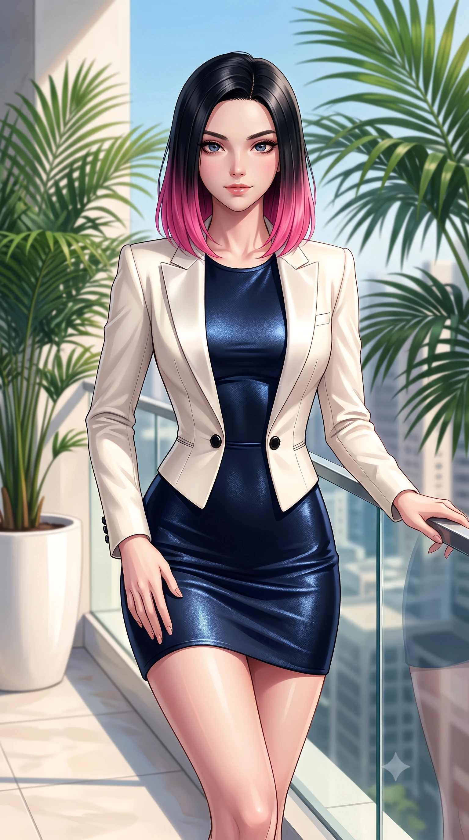 score_9, masterpiece, best quality, ultra-detailed, high-budget anime keyframe, editorial fashion photography, tasteful artistic composition, Korean woman. close-up cowboy shot from the waist and thighs up, the character dominates the composition, filling the frame with her large presence, background elements kept in soft focus. Smiling with quiet, magnetic self-assurance directly into the camera, standing beside a glass balustrade surrounded by potted lush tropical palms, sculpted athletic build contoured by a sleek activewear bodysuit. She has an exceptionally elegant, slender, and willowy female figure with an ultra-slim waist, a gracefully sculpted slender torso, and a refined silhouette. sharp v-shaped jawline, high-bridge nose, intricate jewel-like eyes with depth, thick eyelashes, glossy lips with a natural sheen. wearing tailored ivory tux dress with satin lapels and fitted waist in midnight navy blue, made of liquid dark mercury jersey, adorned with minimalist black onyx hardware framing the silhouette, sculpting her athletic slender build with refined precision. illuminated by clear natural daylight and warm fill light from white stone. highly saturated vibrant anime colors, detailed shading with soft gradients, rich glossy textures, high-contrast stereoscopic depth, volumetric dynamic lighting, master piece, 9:16 ratio