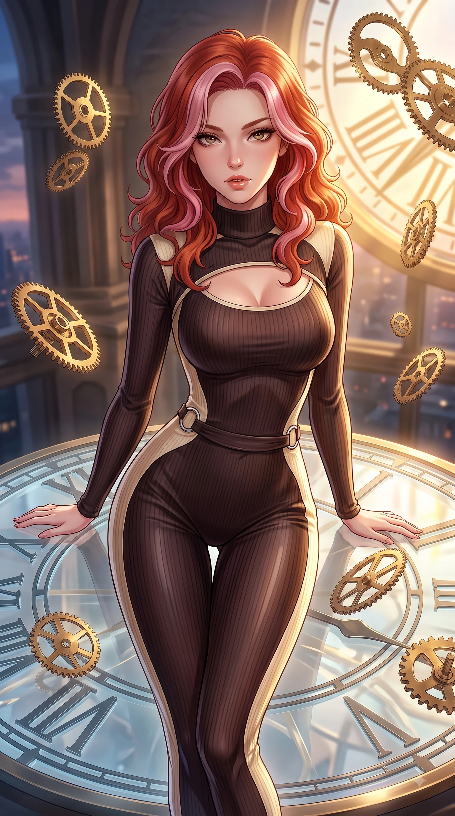 score_9, masterpiece, best quality, ultra-detailed, high-budget anime keyframe, editorial fashion photography, tasteful artistic composition, Caucasian woman. close-up cowboy shot from the waist and thighs up, the character dominates the composition, filling the frame with her large presence, background elements kept in soft focus. Leaning forward gracefully with lips parted, casting a smoldering magnetic gaze directly into the lens while standing atop a giant translucent Roman numeral clock dial in a high tower at dusk, floating brass gears and clocksprings casting intricate metallic reflections. She has an exceptionally elegant, slender, and willowy female figure with an ultra-slim waist, a gracefully sculpted slender torso, and a refined silhouette. sharp v-shaped jawline, high-bridge nose, intricate jewel-like eyes with depth, thick eyelashes, glossy lips with a natural sheen, flawlessly proportioned anatomical accuracy, natural body alignment, perfectly sculpted elegant limbs, clean dynamic posture without body distortion. wearing a form-fitting ribbed activewear set with elegant collar cutouts in espresso brown and warm cream, crafted from lustrous satin jersey with fluid draping, accented with delicate chrome ring hardware framing her waist, the sleek second-skin texture accentuating her magnetic presence. illuminated by a brilliant golden hour glow filtering through clockwork dials. highly saturated vibrant anime colors, detailed shading with soft gradients, rich glossy textures, high-contrast stereoscopic depth, volumetric dynamic lighting, master piece, 9:16 ratio