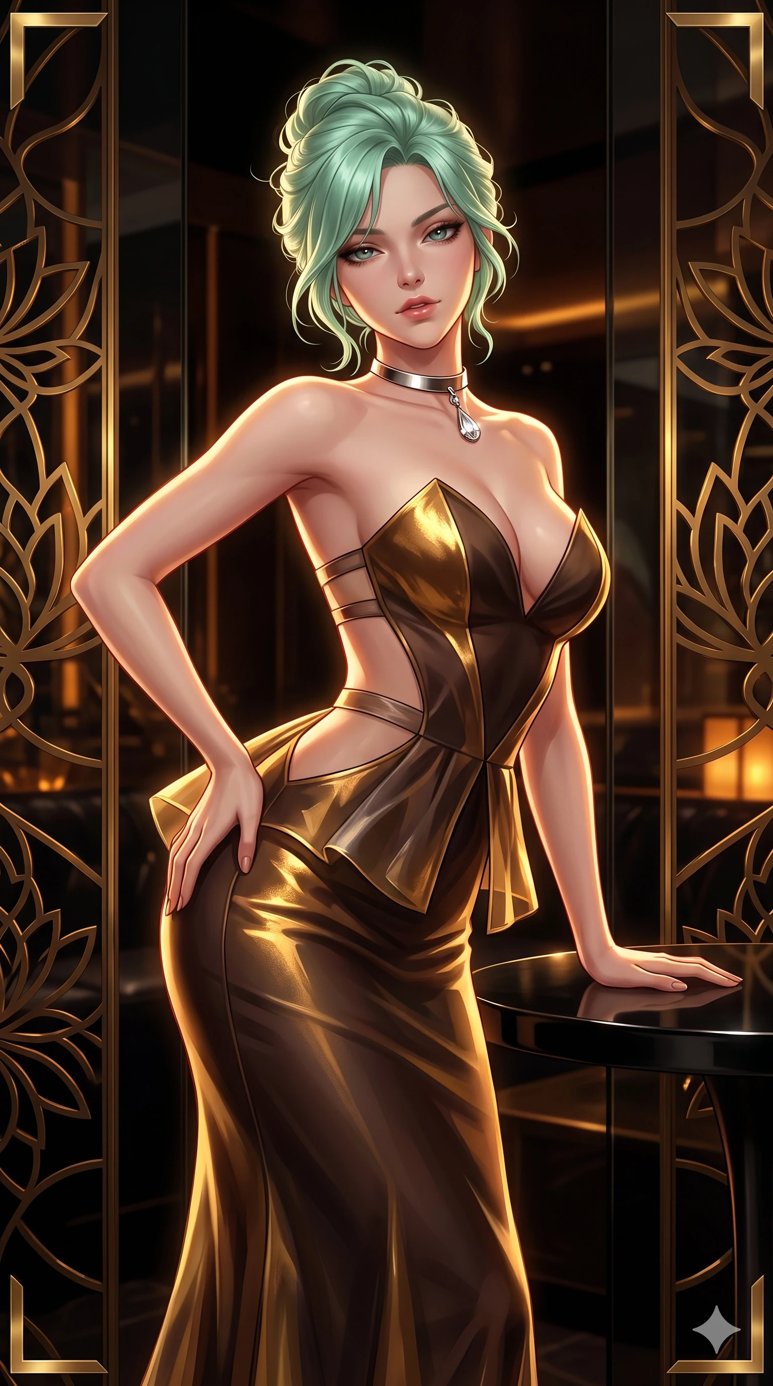score_9, masterpiece, best quality, ultra-detailed, high-budget anime keyframe, semi-realistic 3D game render, editorial fashion photography, tasteful artistic composition, Japanese woman. close-up cowboy shot from the waist and thighs up, the character dominates the composition, filling the frame with her large presence. arching her spine backward with effortless dancer poise, one hand sliding along her hip line as directional light carves specular highlights along her silhouette while leaning over the black obsidian cocktail table with hips cocked back, looking through geometric lotus screens with heavy-lidded seductive bedroom-eyes. The surrounding environment is rendered in vivid detail and crisp panoramic clarity: sharp brass lotus screen filigree cuts, mirror reflections on smoked glass, and crisp brass corner brackets in deep focus. She has an exceptionally elegant, slender, and willowy female figure with an ultra-slim waist, flat toned midriff, narrow ribcage, and sculpted feminine hips creating an alluring, slim hourglass silhouette without bulk. sharp v-shaped jawline, high-bridge nose, intricate jewel-like sparkling eyes with depth, thick eyelashes, glossy parted lips with a natural sheen, intensely captivating and seductive bedroom-eyes expression, exuding both youthful cute charm and sovereign luxury allure, flawlessly proportioned anatomical accuracy, strict slender model proportions, natural body alignment, perfectly sculpted long slender limbs, ultra-slim waistline, clean dynamic posture without body distortion. wearing a structural geometric peplum gown with sheer side-ribbon cutouts and form-fitting skirt in dark espresso brown and molten gold foil, crafted from translucent silk organza with an ethereal crystalline sheen, finished with a minimalist chrome choker and a single teardrop diamond pendant, the form-contouring cut accentuating her sculpted flat midriff, narrow delicate ribcage, and gracefully curvy hips with intoxicating allure. bathed in low-key, high-contrast chiaroscuro lighting with narrow amber and gold spotlights on the table. highly saturated vibrant anime colors, detailed shading with soft gradients, rich glossy textures, high-contrast stereoscopic depth, volumetric dynamic lighting, master piece, 9:16 ratio