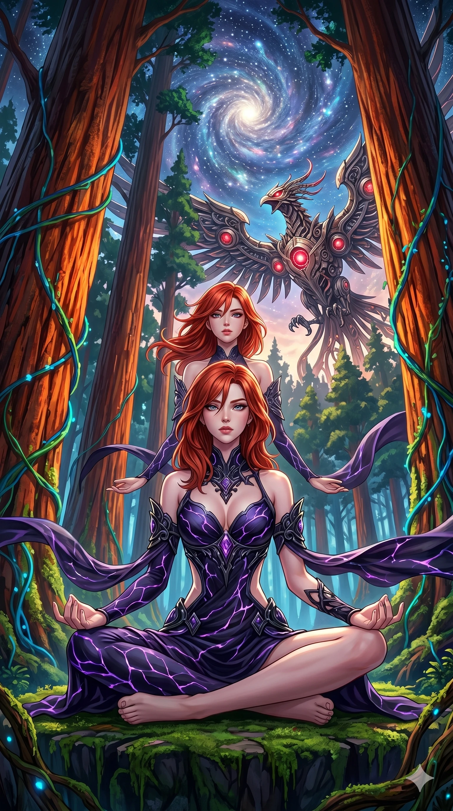 score_9, masterpiece, best quality, ultra-detailed, Set A: High-budget Anime Keyframe, Caucasian (human ears) woman. Low angle cowboy shot filling the entire 9:16 frame with her statuesque presence. Theme: Primal Nature. meditating in a giant redwood forest with glowing vines, while a mechanical phoenix rises in the background marked 100. The atmosphere is filled with a swirling vortex of stars. She has an absolutely perfect 8-heads proportion, an exceptionally tall and slender female figure with impossibly long slender legs and an ultra-slim waist. Sharp v-shaped jawline, high-bridge nose, intricate jewel-like eyes with depth, glossy lips. Wearing Void-walker shadow-fabric dress with violet energy cracks and obsidian accessories. Cinematic lighting, vivid colors, dramatic shadows, 2k, ultra detail, master piece, 9:16 ratio