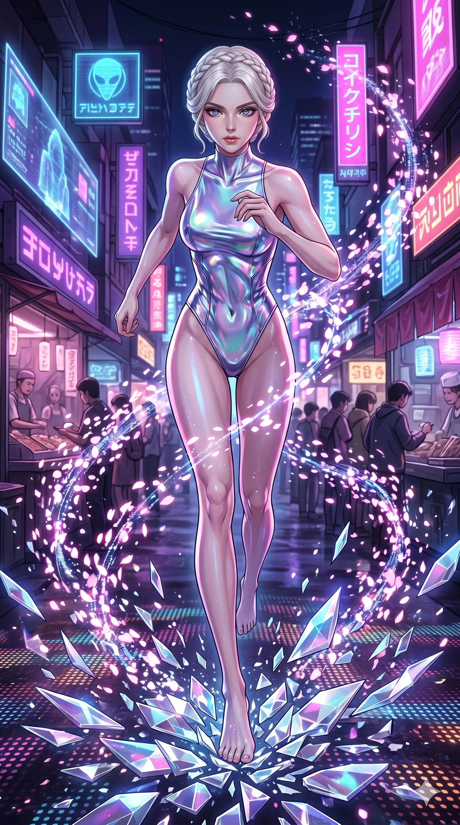 score_9, masterpiece, best quality, ultra-detailed, Set A: High-budget Anime Keyframe, Caucasian (strictly human ears) woman. Low angle cowboy shot filling the entire 9:16 frame with her statuesque presence. Sprinting through a futuristic night market, as the ground beneath her turns into 71 shards of light and surrounded by digital sakura petals. She has an absolutely perfect 8-heads proportion, an exceptionally tall and slender female figure with impossibly long slender legs and an ultra-slim waist. Sharp v-shaped jawline, high-bridge nose, intricate jewel-like eyes with depth, thick eyelashes, glossy lips with a natural sheen. Wearing High-cut bodysuit made of liquid-crystal fabric that changes color with movement. Cinematic lighting, vibrant colors, dramatic shadows, 2k, ultra detail, master piece, 9:16 ratio