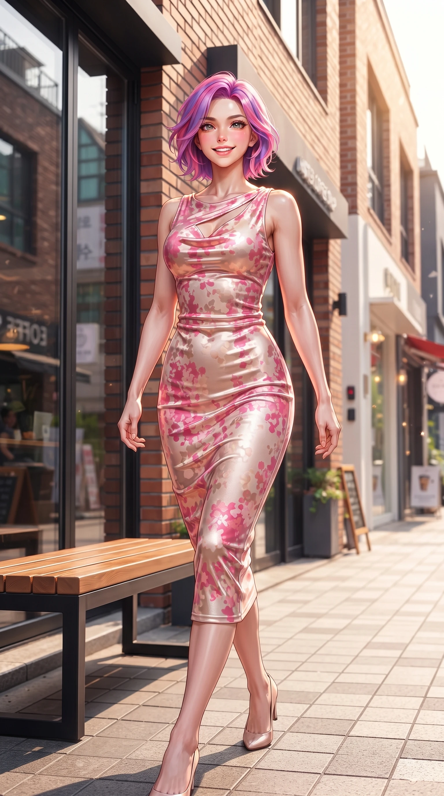 score_9, masterpiece, best quality, ultra-detailed, high-budget anime keyframe, editorial fashion photography, tasteful artistic composition, Caucasian woman. low angle full-body shot from head to toe showing her feet, filling the entire 9:16 vertical frame with her statuesque presence, stretching her vertical silhouette. walking forward in a proud dynamic stride with a cheerful beaming smile, her vertical silhouette filling the frame while resting on a stylish wooden bench outside a hipster coffee shop under warm afternoon sunbursts. The surrounding environment is rendered in vivid detail and crisp panoramic clarity. vibrant Seongsu boutique storefronts, brick facade textures, and modern glass windows in sharp clarity. She has an absolutely perfect, statuesque 8.5-heads proportion, an exceptionally tall and slender model-like female figure with impossibly long slender legs and an ultra-slim waist. sharp v-shaped jawline, high-bridge nose, intricate jewel-like eyes with depth, thick eyelashes, glossy lips with a natural sheen, flawlessly proportioned anatomical accuracy, natural body alignment, perfectly sculpted elegant limbs, clean dynamic posture without body distortion. wearing an elegant cowl-neck silk satin midi dress with a graceful draped neckline in bright cherry blossom pink and champagne, made of lustrous stretch velvet, accented with a Tasteful chest slit framing her clavicle gracefully, the tailored fabric tightly following every curve of her athletic build. surrounded by a lively, stylish, and fresh city atmosphere. ultra-reflective glossy finish, specular highlights, metallic sheen, high-contrast stereoscopic depth, volumetric dynamic lighting, 2k, ultra detail, master piece, 9:16 ratio