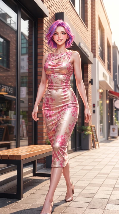 score_9, masterpiece, best quality, ultra-detailed, high-budget anime keyframe, editorial fashion photography, tasteful artistic composition, Caucasian woman. low angle full-body shot from head to toe showing her feet, filling the entire 9:16 vertica