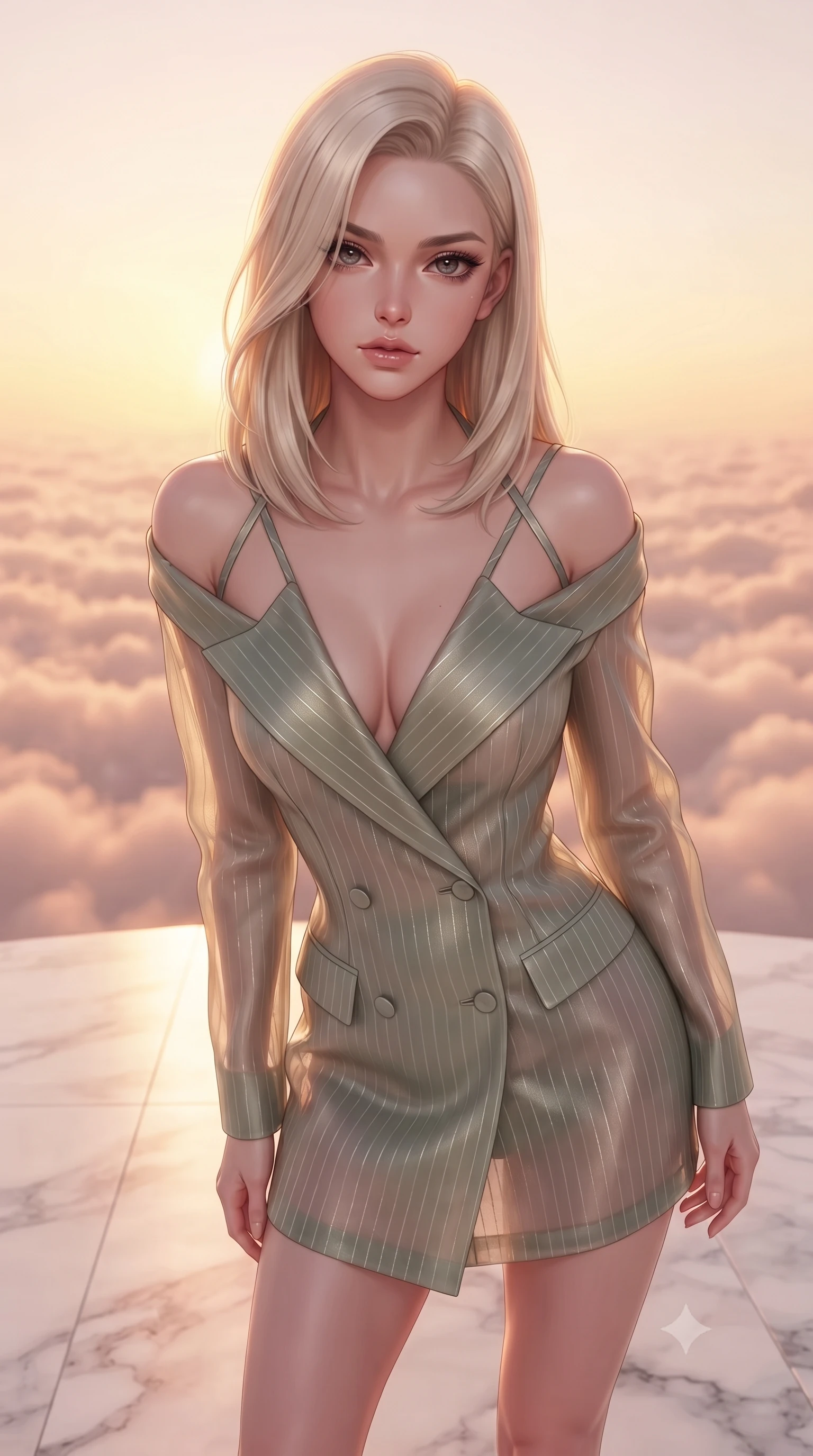 score_9, masterpiece, best quality, ultra-detailed, high-budget anime keyframe, editorial fashion photography, tasteful artistic composition, Caucasian woman. close-up cowboy shot from the waist and thighs up, the character dominates the composition, filling the frame with her large presence, background elements kept in soft focus. Leaning slightly forward with a composed, seductive gaze under soft glowing light standing on a floating white marble terrace above a sea of rose-gold clouds, soft rose-gold and amber sunset light reflecting off polished marble. She has an exceptionally elegant, slender, and willowy female figure with an ultra-slim waist, a gracefully sculpted slender torso, and a refined silhouette. sharp v-shaped jawline, high-bridge nose, intricate jewel-like eyes with depth, thick eyelashes, glossy lips with a natural sheen. wearing a double-breasted blazer dress with metallic pin-stripes in sage green and oatmeal, woven from fine semi-opaque sheer organza, complemented by criss-cross back straps highlighting her bare shoulders, the elegant draped fit framing her graceful clavicle and slender torso. lit by brilliant warm key light softening into smooth, elegant gradients. highly saturated vibrant anime colors, detailed shading with soft gradients, rich glossy textures, high-contrast stereoscopic depth, volumetric dynamic lighting, master piece, 9:16 ratio