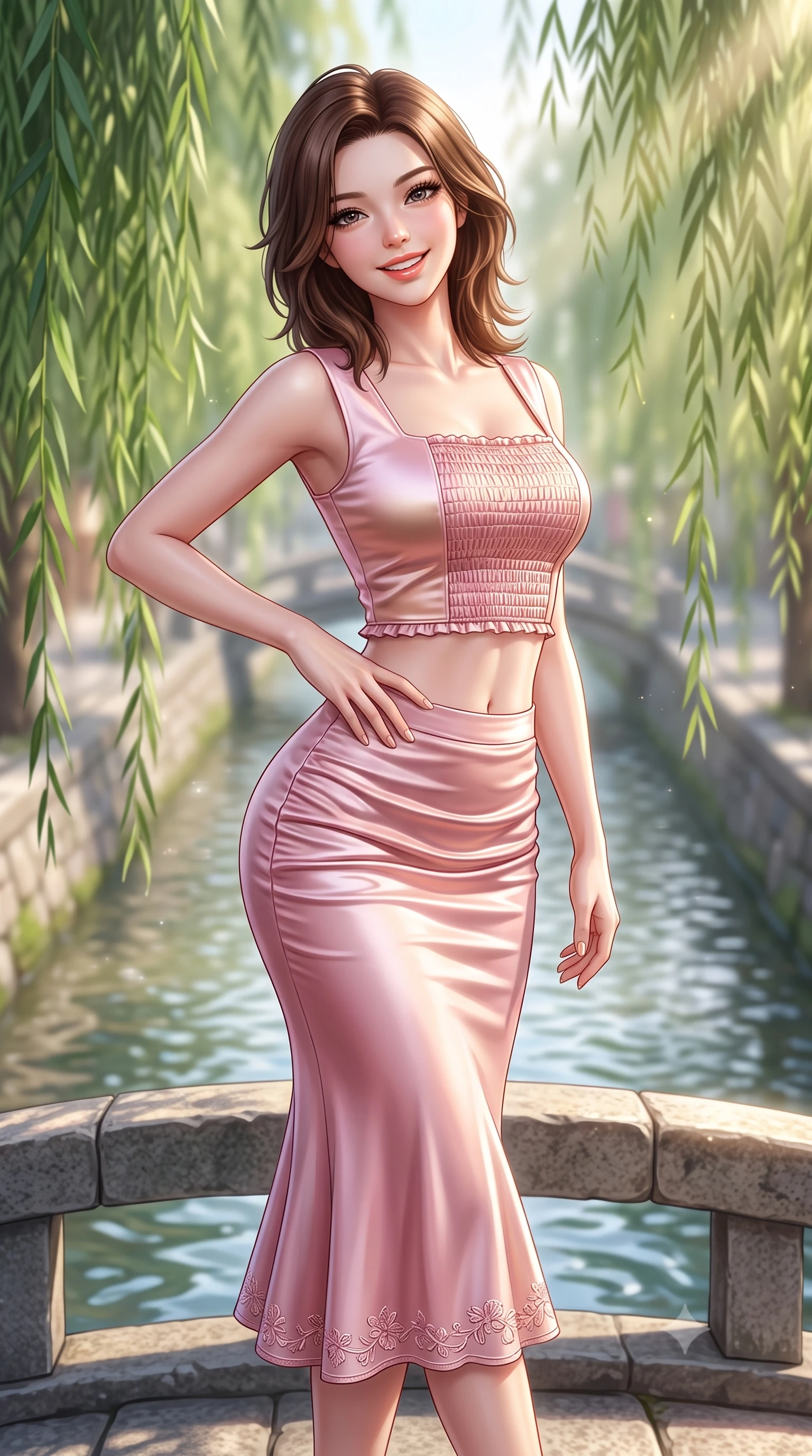 score_9, masterpiece, best quality, ultra-detailed, high-budget anime keyframe, semi-realistic 3D game render, editorial fashion photography, tasteful artistic composition, Korean woman. close-up cowboy shot from the waist and thighs up, the character dominates the composition, filling the frame with her large presence. tilting her head with a cute beaming smile while arching her spine with effortless dancer poise, one hand sliding along her hip line in a flirtatious S-curve while pausing gracefully at the center of the small arched stone bridge, arching her lower back with a bright, charming smile as weeping willow fronds brush the water. The composition keeps background elements in soft focus with dreamy creamy bokeh. rippling shallow canal waters and stone bridge arches softened in poetic Kyoto shallow focus. She has an exceptionally elegant, slender, and willowy female figure with an ultra-slim waist, flat toned midriff, narrow ribcage, and sculpted feminine hips creating an alluring, slim hourglass silhouette without bulk. sharp v-shaped jawline, high-bridge nose, intricate jewel-like sparkling eyes with depth, thick eyelashes, glossy parted lips with a natural peach sheen, bright cheerful beaming smile with an enchanting and coquettish sensual glint, exuding both youthful cute charm and seductive allure, flawlessly proportioned anatomical accuracy, strict slender model proportions, natural body alignment, perfectly sculpted long slender limbs, ultra-slim waistline, clean dynamic posture without body distortion. wearing a fitted square-neck smocked crop top paired with a curve-hugging ruched mermaid midi skirt in cherry blossom pink and soft rose gold, made of smooth fluid silk satin with a delicate pearlescent sheen, complemented by delicate embroidered floral trim along the hem, the glove-like silhouette tightly following the natural contour of her hips and long slender legs with youthful 8.5-heads elegance. bathed in soft, sparkling morning sunbeams filtering through willow fronds onto the canal. highly saturated vibrant anime colors, detailed shading with soft gradients, rich glossy textures, high-contrast stereoscopic depth, volumetric dynamic lighting, master piece, 9:16 ratio