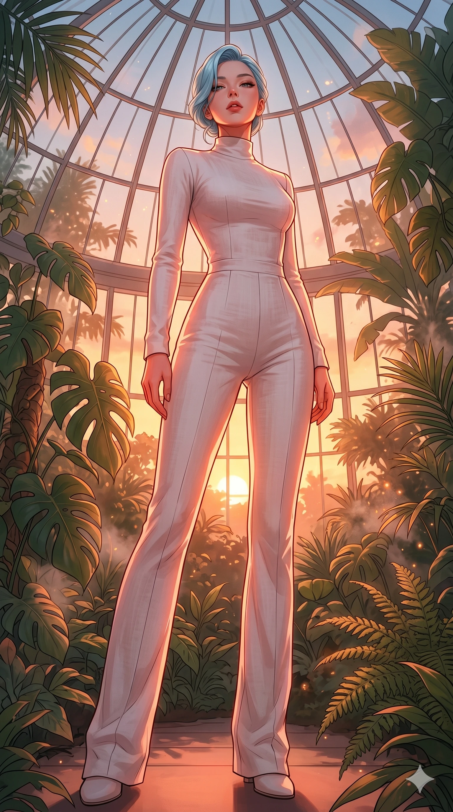 score_9, masterpiece, best quality, ultra-detailed, high-budget anime keyframe, editorial fashion photography, tasteful artistic composition, Korean woman. low angle full-body shot from head to toe showing her feet, filling the entire 9:16 vertical frame with her statuesque presence, stretching her vertical silhouette. tilting her head back slightly with a confident and powerful expression, her lips parted in the sun in a tropical greenhouse under a dome of clear glass and warm sunlight (Code-P19-048). She has an absolutely perfect 8-heads proportion, an exceptionally tall and slender female figure with impossibly long slender legs and an ultra-slim waist. V-shaped jawline, high-bridge nose, intricate jewel-like eyes with depth, thick eyelashes, glossy lips with a natural sheen. wearing a modern high-neck resort jumpsuit with long sleeves in white linen. bathed in warm, golden sunset light, casting a beautiful orange-pink glow on her skin. 2k, ultra detail, master piece, 9:16 ratio