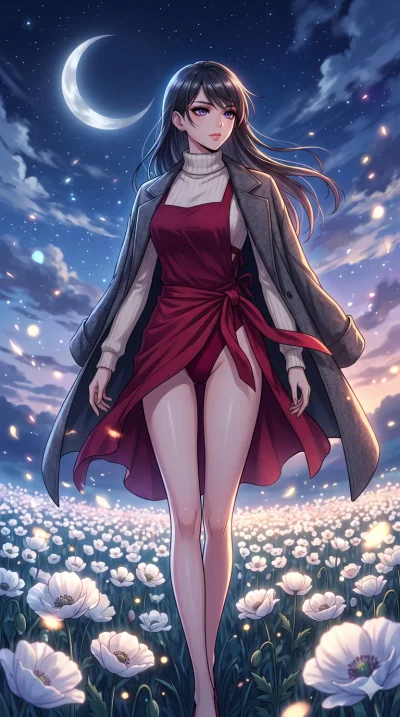score_9, masterpiece, best quality, ultra-detailed, High-budget Anime Keyframe, beautiful Japanese anime girl. Upper body close-up from the thighs up, character filling the screen for maximum presence. Walking through a field of white poppies under a