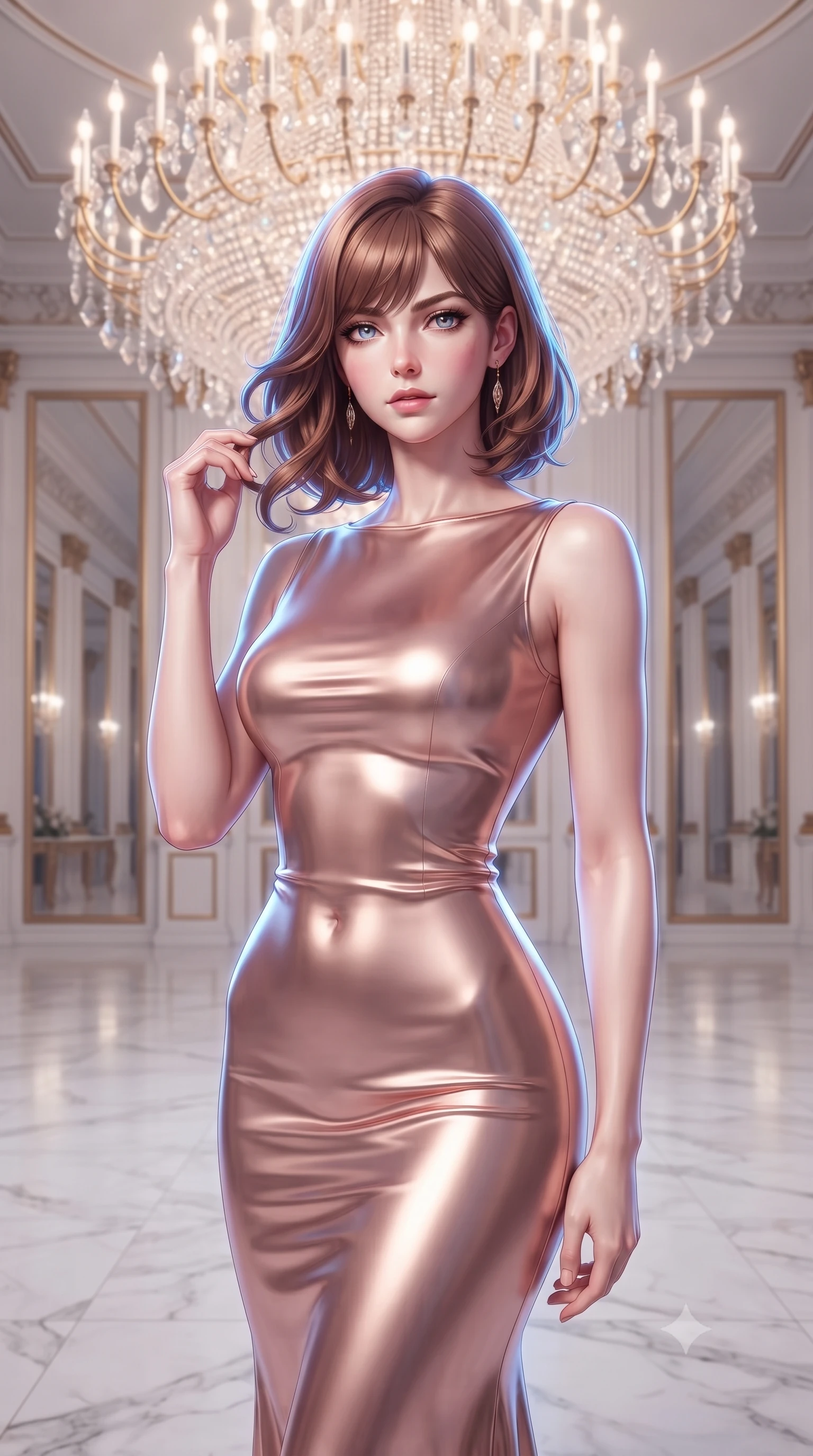 score_9, masterpiece, best quality, ultra-detailed, high-budget anime keyframe, editorial fashion photography, tasteful artistic composition, Caucasian woman, strictly human ears. close-up cowboy shot from the waist and thighs up, the character dominates the composition, filling the frame with her large presence, background elements kept in soft focus. Gazing past the camera with an air of effortless superiority. set against a soft-focus background of a palatial ballroom with a centerpiece chandelier of ten thousand hand-cut crystals white marble floors reflecting everything and tall gilded mirrors multiplying the space into apparent infinity. She has an exceptionally elegant and slender, willowy female figure with an ultra-slim waist, a gracefully sculpted slender torso, and a refined slim physique. sharp v-shaped jawline, high-bridge nose, intricate jewel-like eyes with depth, thick eyelashes, glossy lips with a natural sheen. wearing a liquid metallic rose gold evening gown with a high boat neckline, flowing like liquid metal along her statuesque slender frame. brilliant cinematic volumetric lighting with intense neon rim light outlining her form. 2k, ultra detail, master piece, 9:16 ratio