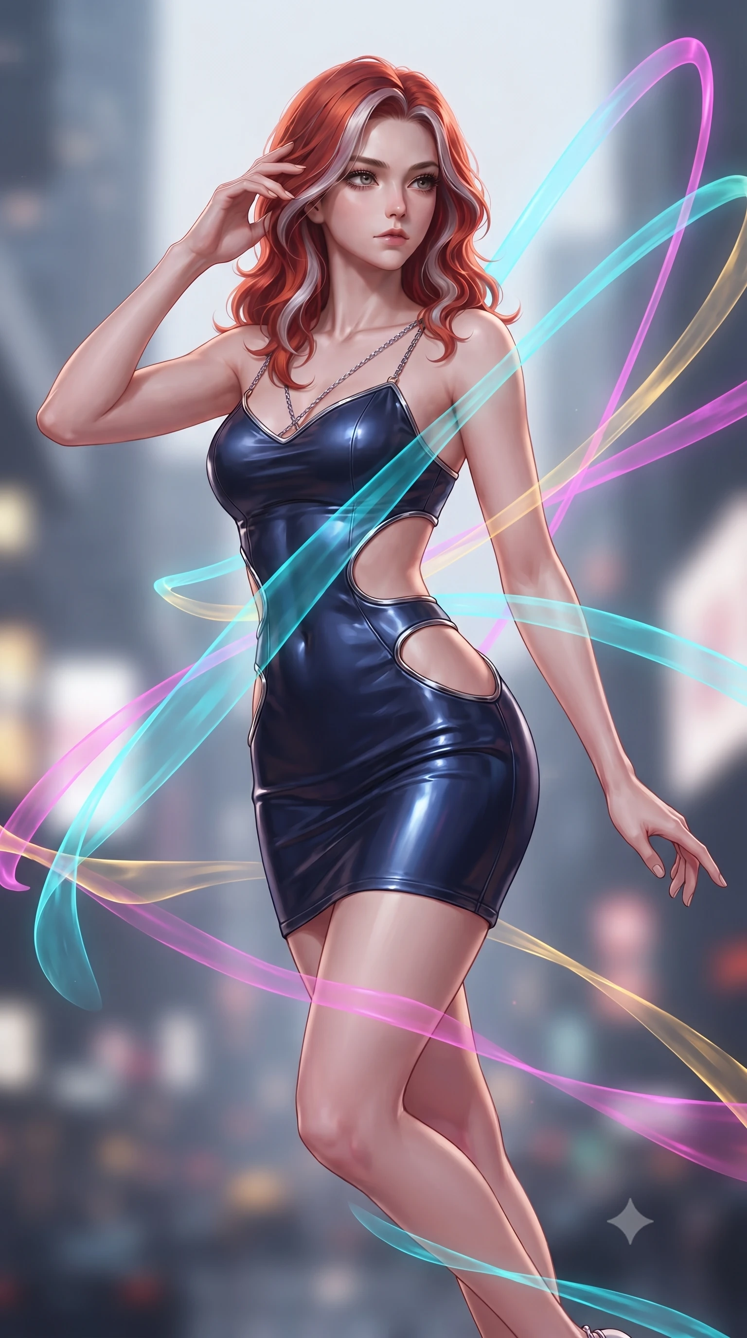 score_9, masterpiece, best quality, ultra-detailed, high-budget anime keyframe, editorial fashion photography, tasteful artistic composition, Caucasian woman. close-up cowboy shot from the waist and thighs up, the character dominates the composition, filling the frame with her large presence, background elements kept in soft focus. Resting her fingers gracefully near her temple, casting a sharp mysterious side-gaze during her stride while floating dynamically in mid-air while weaving translucent cyan plasma ribbons around her body, fluorescent cyan, magenta, and gold plasma ribbons crossing in 3D space. She has an exceptionally elegant, slender, and willowy female figure with an ultra-slim waist, a gracefully sculpted slender torso, and a refined silhouette. sharp v-shaped jawline, high-bridge nose, intricate jewel-like eyes with depth, thick eyelashes, glossy lips with a natural sheen, flawlessly proportioned anatomical accuracy, natural body alignment, perfectly sculpted elegant limbs, clean dynamic posture without body distortion. wearing a dramatic open-waist cutout mini dress framed by sculptural hardware in midnight navy blue and chrome trim, crafted from smooth liquid silk, adorned with delicate metallic chain straps along the neckline, the tailored fabric tightly following every curve of her athletic build. illuminated by the brilliant glow of cyan and gold luminescent plasma ribbons. ultra-reflective glossy finish, specular highlights, metallic sheen, high-contrast stereoscopic depth, volumetric dynamic lighting, 2k, ultra detail, master piece, 9:16 ratio