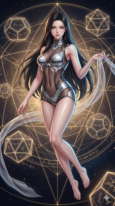score_9, masterpiece, best quality, ultra-detailed, high-budget anime keyframe, Korean woman. upper body close-up from the thighs up, character filling the screen for maximum presence. floating gracefully in a mathematical mandala void filled with go