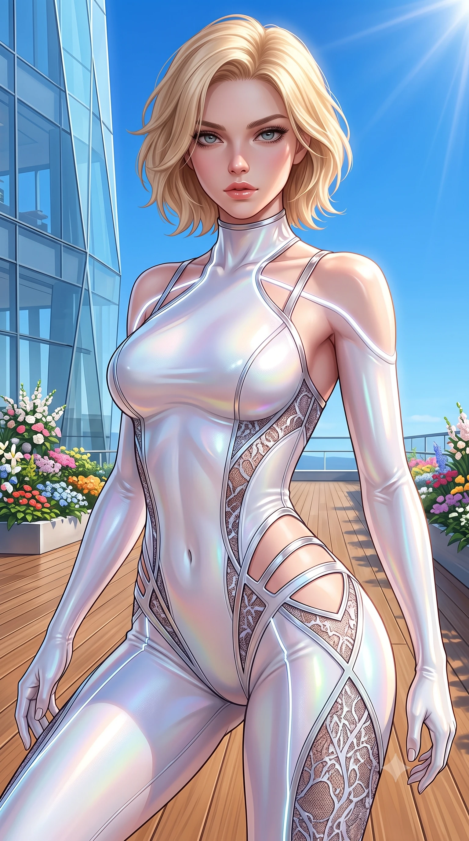 score_9, masterpiece, best quality, ultra-detailed, high-budget anime keyframe, semi-realistic 3D game render, editorial fashion photography, tasteful artistic composition, Caucasian woman. close-up cowboy shot from the waist and thighs up, the character dominates the composition, filling the frame with her large presence. gazing directly into the lens with bedroom eyes and a breathtaking, dangerous allure that commands the entire composition while stretching forward with an alluring S-curve silhouette on a polished wooden sky-deck in full daylight. The surrounding environment is rendered in vivid detail and crisp panoramic clarity. crisp architectural tower glass facets, detailed sky-garden flower arrangements, and endless blue sky in deep focus. She has an exceptionally elegant, slender, and willowy female figure with an ultra-slim waist, a gracefully sculpted slender torso, toned flat midriff, and a refined slim silhouette. sharp v-shaped jawline, high-bridge nose, intricate jewel-like eyes with depth, thick eyelashes, glossy lips with a natural sheen, flawlessly proportioned anatomical accuracy, strict slender model proportions, natural body alignment, perfectly sculpted long slender limbs, ultra-slim waistline, clean dynamic posture without body distortion. wearing a second-skin white liquid-mercury micro-bodysuit sculpted tightly to her slender build, featuring razor-thin metallic straps and hip cutouts in glistening liquid pearl white with rainbow opalescence, crafted from delicate dark lace interwoven with luminescent micro-fibers, accented with glowing fiber-optic seams tracing her collarbones and hip curves, the glove-like aerodynamic second-skin fit tightly clinging to her ultra-slender waist and athletic curves without adding bulk, accentuating her razor-sharp statuesque lines and slim hourglass silhouette. bathed in brilliant high-noon sunbursts and rich sky-blue ambient bounce light. highly saturated vibrant anime colors, detailed shading with soft gradients, rich glossy textures, high-contrast stereoscopic depth, volumetric dynamic lighting, master piece, 9:16 ratio