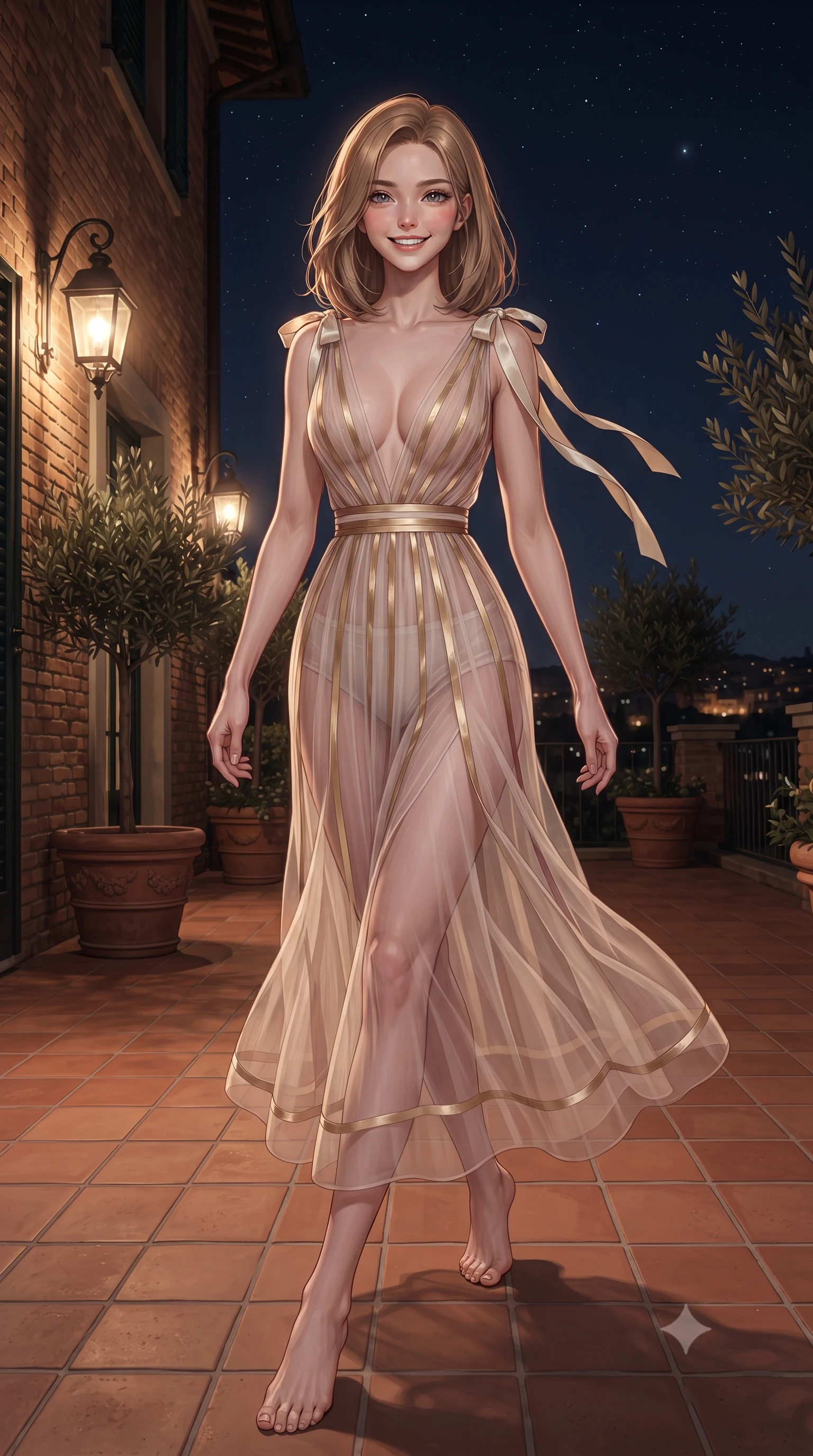 score_9, masterpiece, best quality, ultra-detailed, high-budget anime keyframe, editorial fashion photography, tasteful artistic composition, Korean woman. low angle full-body shot from head to toe showing her feet, filling the entire 9:16 vertical frame with her statuesque presence, stretching her vertical silhouette. stepping forward in a confident stride, her long slender legs and curvaceous hips creating a dynamic, sweeping vertical line while walking slowly across the terracotta tile terrace with tall model strides, evening breezes molding her outfit to her hourglass curves. The surrounding environment is rendered in vivid detail and crisp panoramic clarity: detailed garment cut, fabric draping, and historic revival architecture in high resolution. She has an exceptionally tall and slender model-like 8.5-heads proportion, an ultra-slim waist, a flat toned midriff, narrow delicate ribcage, and beautifully sculpted feminine hips creating a graceful, slim hourglass silhouette without any bulky heaviness, with impossibly long slender legs. sharp v-shaped jawline, high-bridge nose, intricate jewel-like sparkling eyes with depth, thick eyelashes, glossy parted lips with a natural peach sheen, bright cheerful beaming smile with an enchanting and coquettish sensual glint, exuding both youthful cute charm and seductive allure, flawlessly proportioned anatomical accuracy, strict slender model proportions, natural body alignment, perfectly sculpted long slender limbs, ultra-slim waistline, clean dynamic posture without body distortion. wearing a plunge-front sheer illusion tulle slip dress with liquid gold ribbon stripes hugging her curves in Belvedere ivory pearl and Habsburg bordeaux wine, crafted from translucent silk organza with an ethereal crystalline sheen, finished with satin ribbon ties at the shoulders fluttering in the gentle breeze, the bespoke structured tailoring following the natural line of her 8.5-heads silhouette with refined elegance. bathed in the warm intimate 2400K glow of outdoor iron lantern sconces mixed with clear starlight. ultra-reflective glossy finish, specular highlights, rich textural contrasts, high-contrast stereoscopic depth, volumetric dynamic lighting, 2k, ultra detail, master piece, 9:16 ratio
