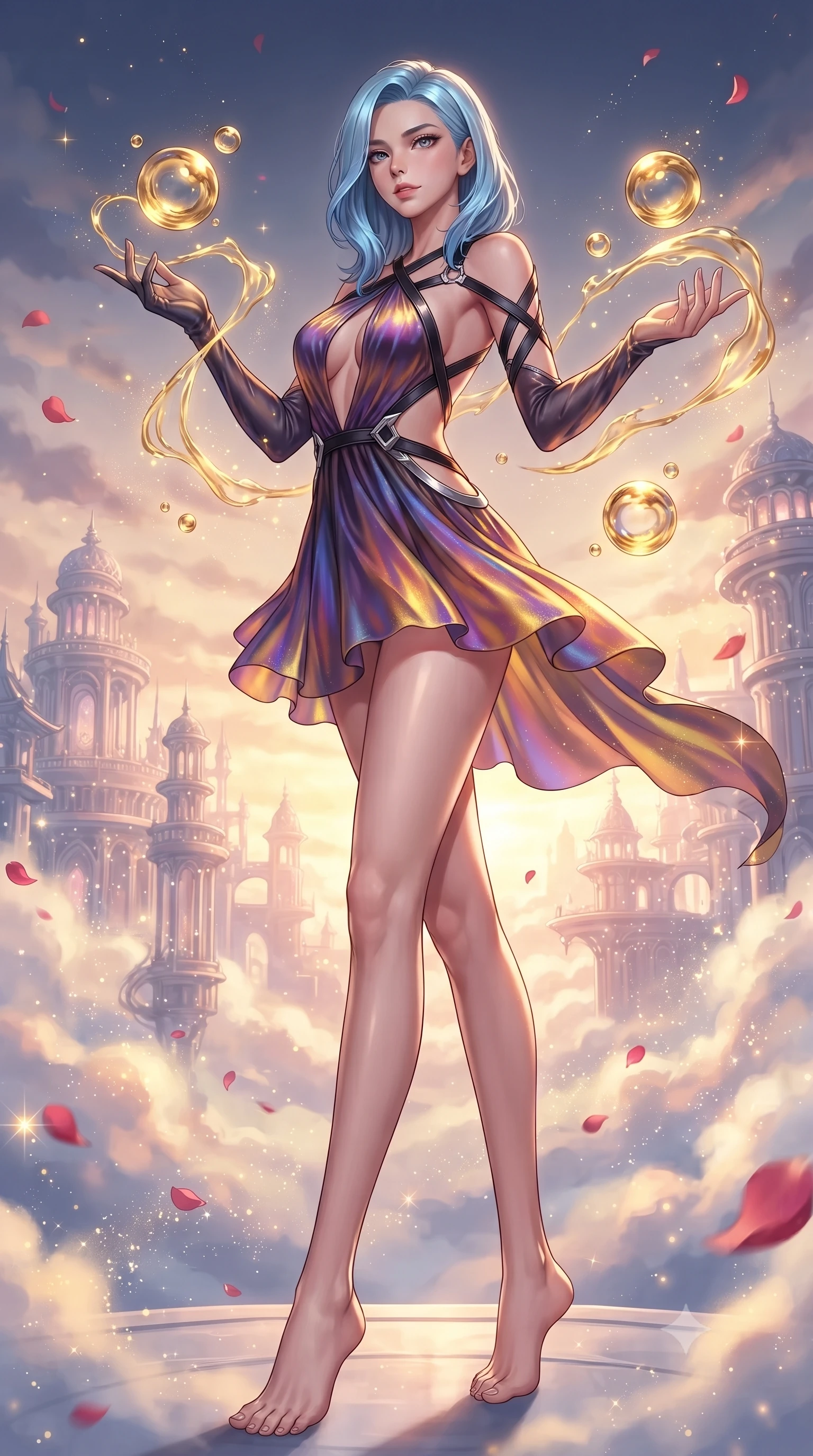 score_9, masterpiece, best quality, ultra-detailed, high-budget anime keyframe, editorial fashion photography, tasteful artistic composition, Korean woman. low angle full-body shot from head to toe showing her feet, filling the entire 9:16 vertical frame with her statuesque presence, stretching her vertical silhouette. interacting gracefully with the magical floating elements while maintaining a confident posture interacting with floating golden water Orbs in a cloudtop palace court, floating rose petals and golden dust motes sparkling in the air. She has an absolutely perfect, statuesque 8.5-heads proportion, an exceptionally tall and slender model-like female figure with impossibly long slender legs and an ultra-slim waist. sharp v-shaped jawline, high-bridge nose, intricate jewel-like eyes with depth, thick eyelashes, glossy lips with a natural sheen. wearing a dramatic open-waist cutout mini dress framed by sculptural hardware in matte black and polished silver, crafted from iridescent chiffon that shifts colors in the light, complemented by criss-cross back straps highlighting her bare shoulders, the glove-like fit emphasizing her statuesque silhouette. illuminated by soft glowing sunset radiance with dramatic golden rim highlights. highly saturated vibrant anime colors, detailed shading with soft gradients, rich glossy textures, high-contrast stereoscopic depth, volumetric dynamic lighting, master piece, 9:16 ratio