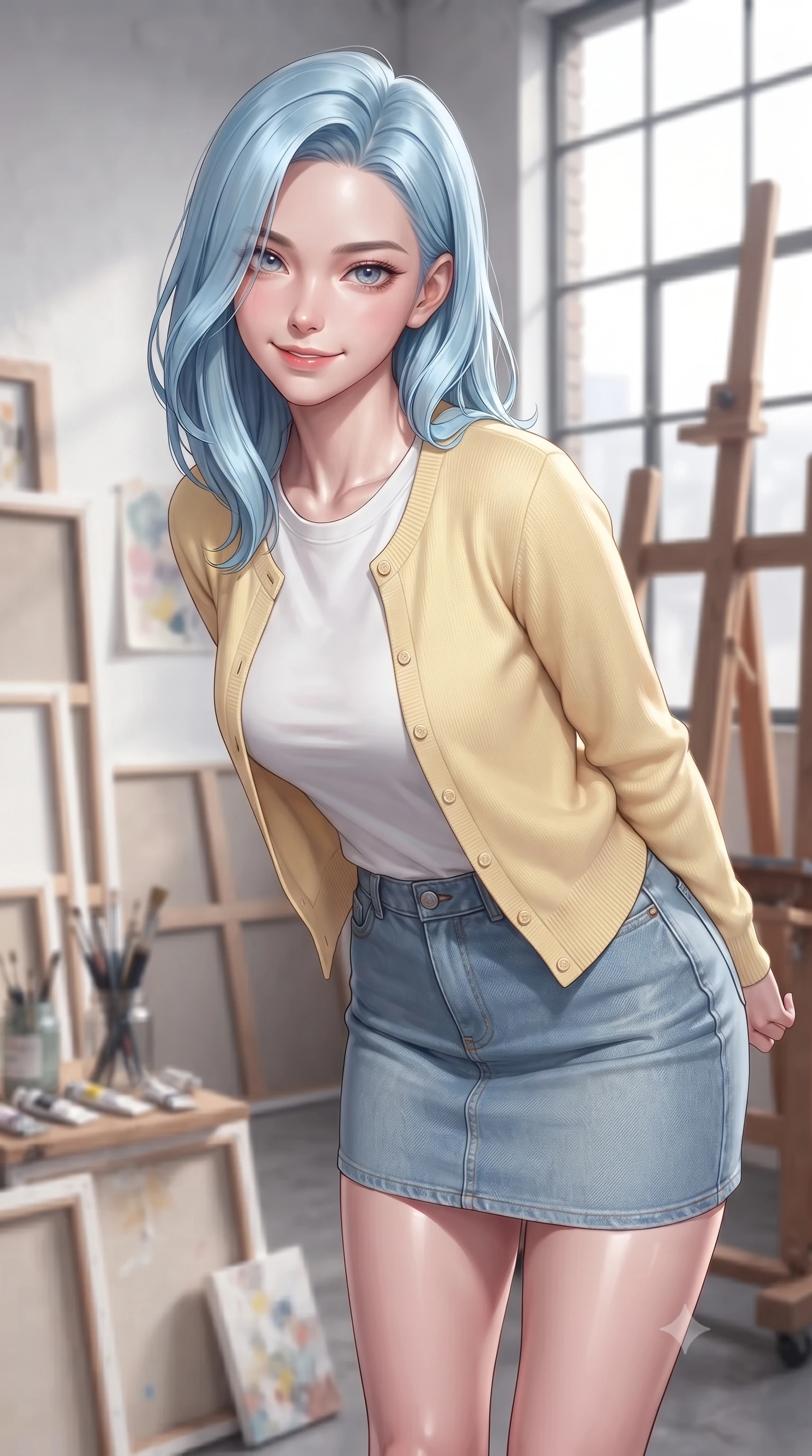 score_9, masterpiece, best quality, ultra-detailed, high-budget anime keyframe, editorial fashion photography, tasteful artistic composition, Korean woman woman. close-up cowboy shot from the waist and thighs up, the character dominates the composition, filling the frame with her large presence, background elements kept in soft focus. leaning slightly forward with a playful, teasing smile, her gaze locked onto the viewer the background shows a soft-focus an artist's loft studio filled with canvases, paint brushes, and easel near a large window. She has an exceptionally elegant, slender, and willowy female figure with an ultra-slim waist, a gracefully sculpted slender torso, and a refined silhouette. sharp v-shaped jawline, high-bridge nose, intricate jewel-like eyes with depth, thick eyelashes, glossy lips with a natural sheen. wearing a slim-fit soft yellow cardigan over a white t-shirt and light blue denim skirt. crisp North daylight casting soft, consistent lighting over the workspace. ultra-reflective glossy finish, specular highlights, metallic sheen, high-contrast stereoscopic depth, volumetric dynamic lighting, 2k, ultra detail, master piece, 9:16 ratio
